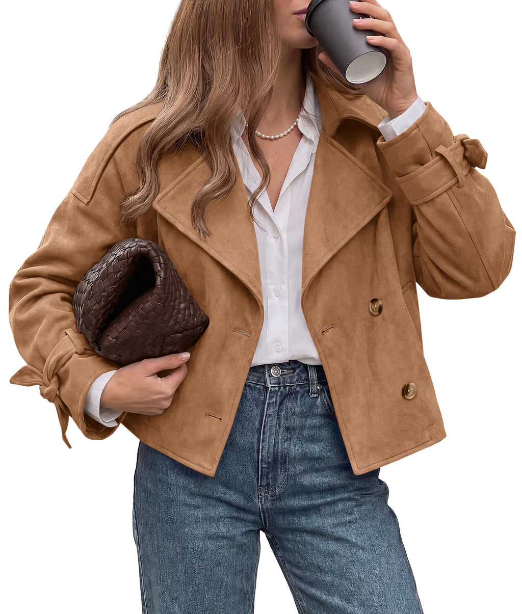 PRETTYGARDEN Women Faux Suede Double Breasted Trench Coat Cropped Jackets Raglan Long Sleeve,Lapel,Tie Cuff,Button Down,Fall Fashion Outerwear,Winter Clothes,Work Office Casual Short Jacket