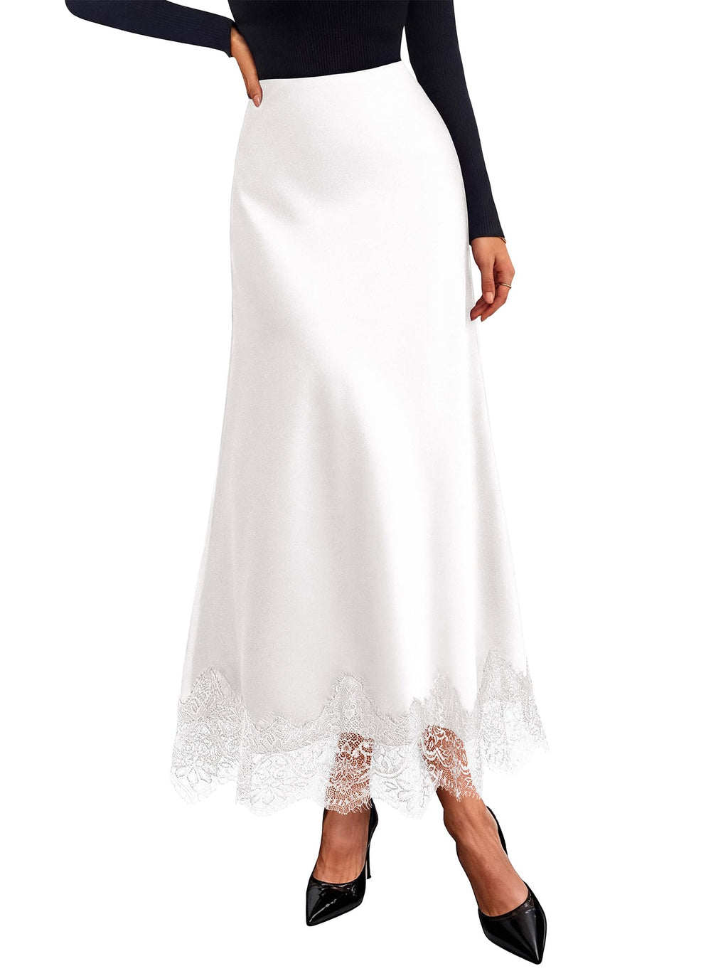 BTFBM Lace Trim Satin Skirts for Women Elegant | Lightweight, High Waist, A-Line, Flowy Maxi Skirt, Wedding, Cocktail, Graduation, Holiday Outfits, Fall Fashion Clothing