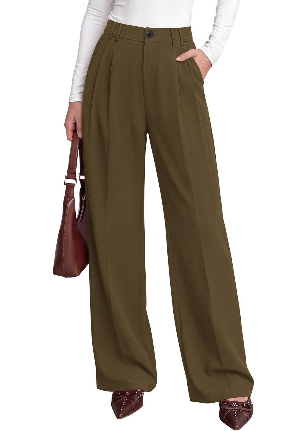 PRETTYGARDEN Women's Dress Pants Wide Leg Flowy Trousers High Waisted Palazzo Pants, Pleated Front, Side Pockets, Work Office Wear, Business Casual Outfits, Fall Fashion Clothing