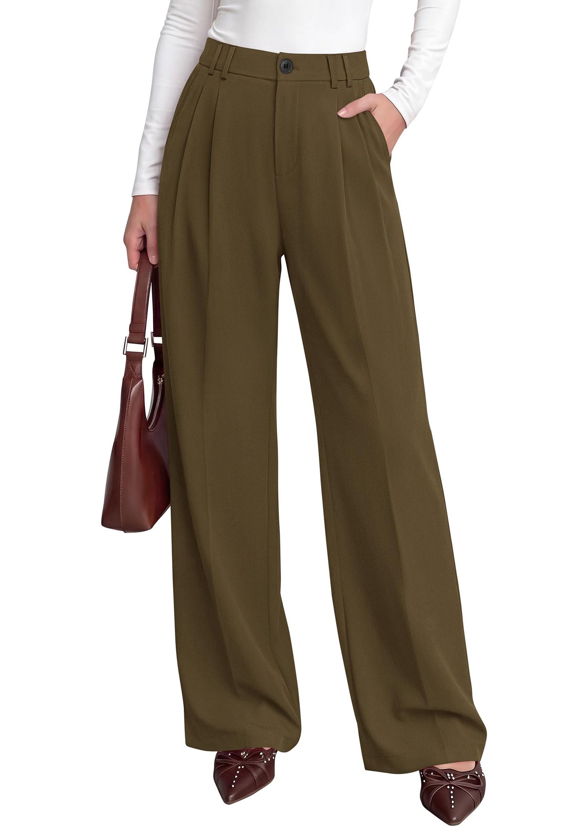 PRETTYGARDEN Women's Dress Pants Wide Leg Flowy Trousers High Waisted Palazzo Pants, Pleated Front, Side Pockets, Work Office Wear, Business Casual Outfits, Fall Fashion Clothing