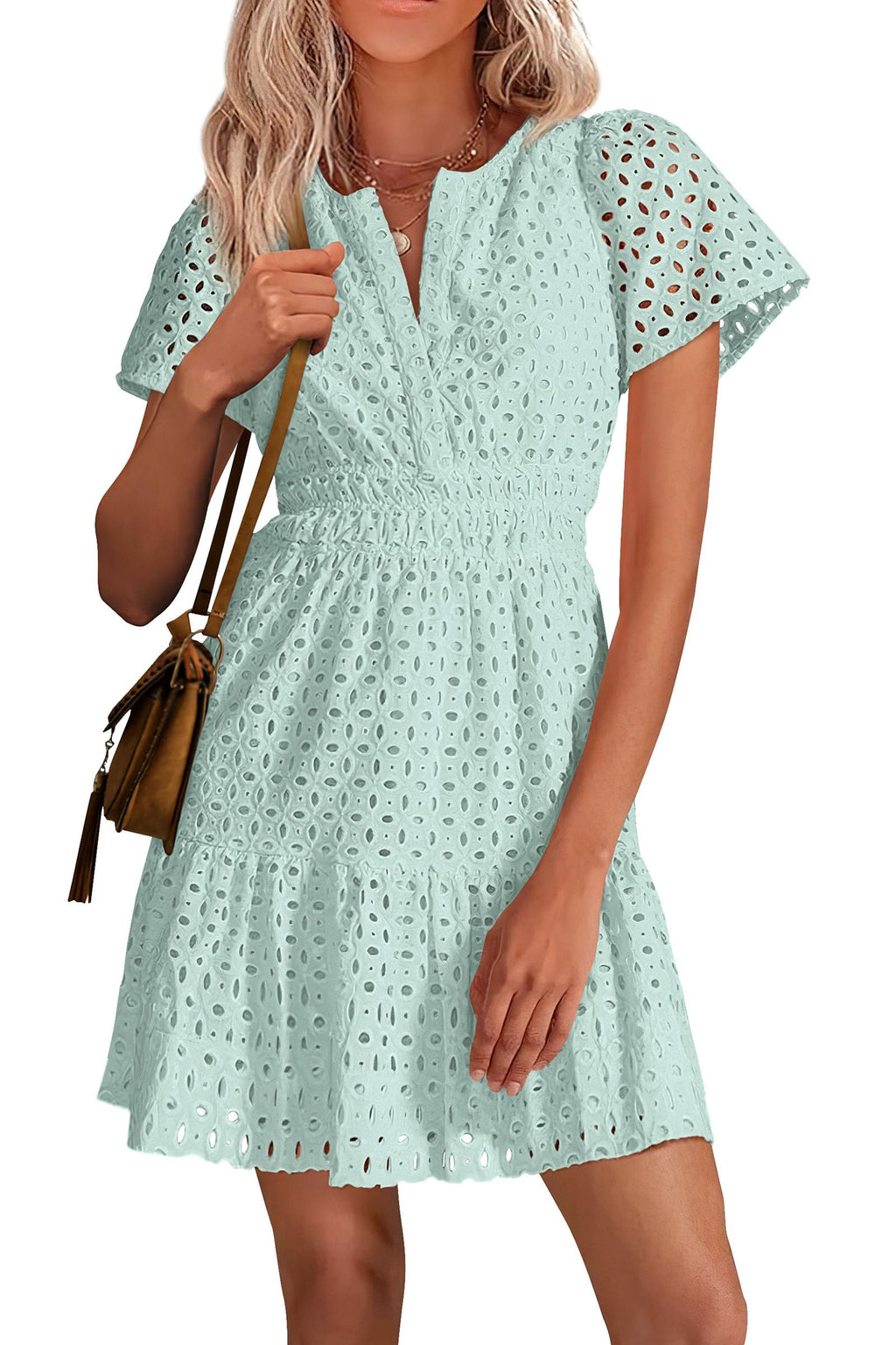 PRETTYGARDEN Womens Summer Short Dress V Neck Short Sleeve A Line Hollow Out Lace Ruffle Cute Casual Beach Party Dresses
