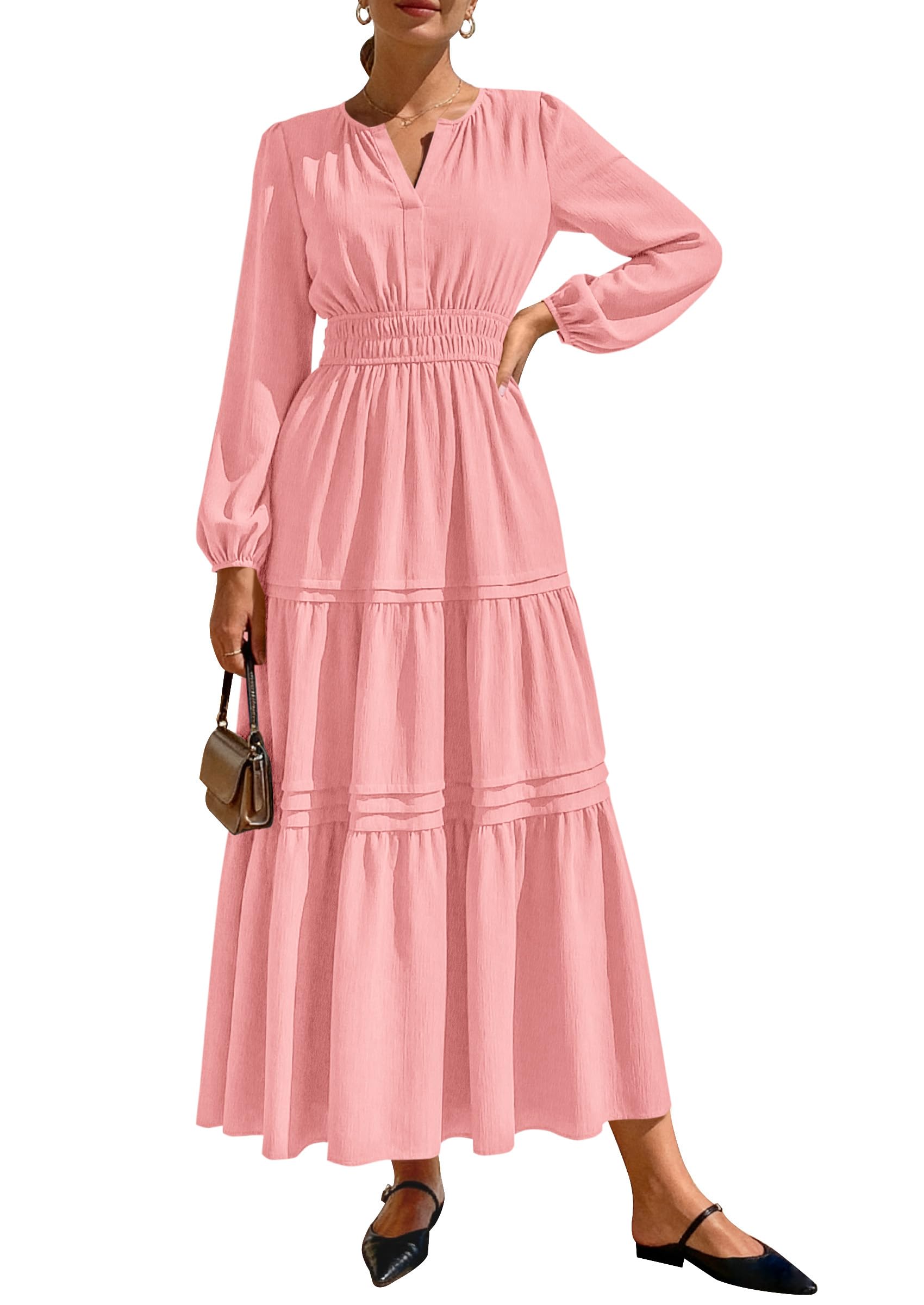 PRETTYGARDEN Women's Elegant Maxi Dresses Long Sleeve V Neck Flowy Pockets Casual Modest Dress Fall Fashion Clothes