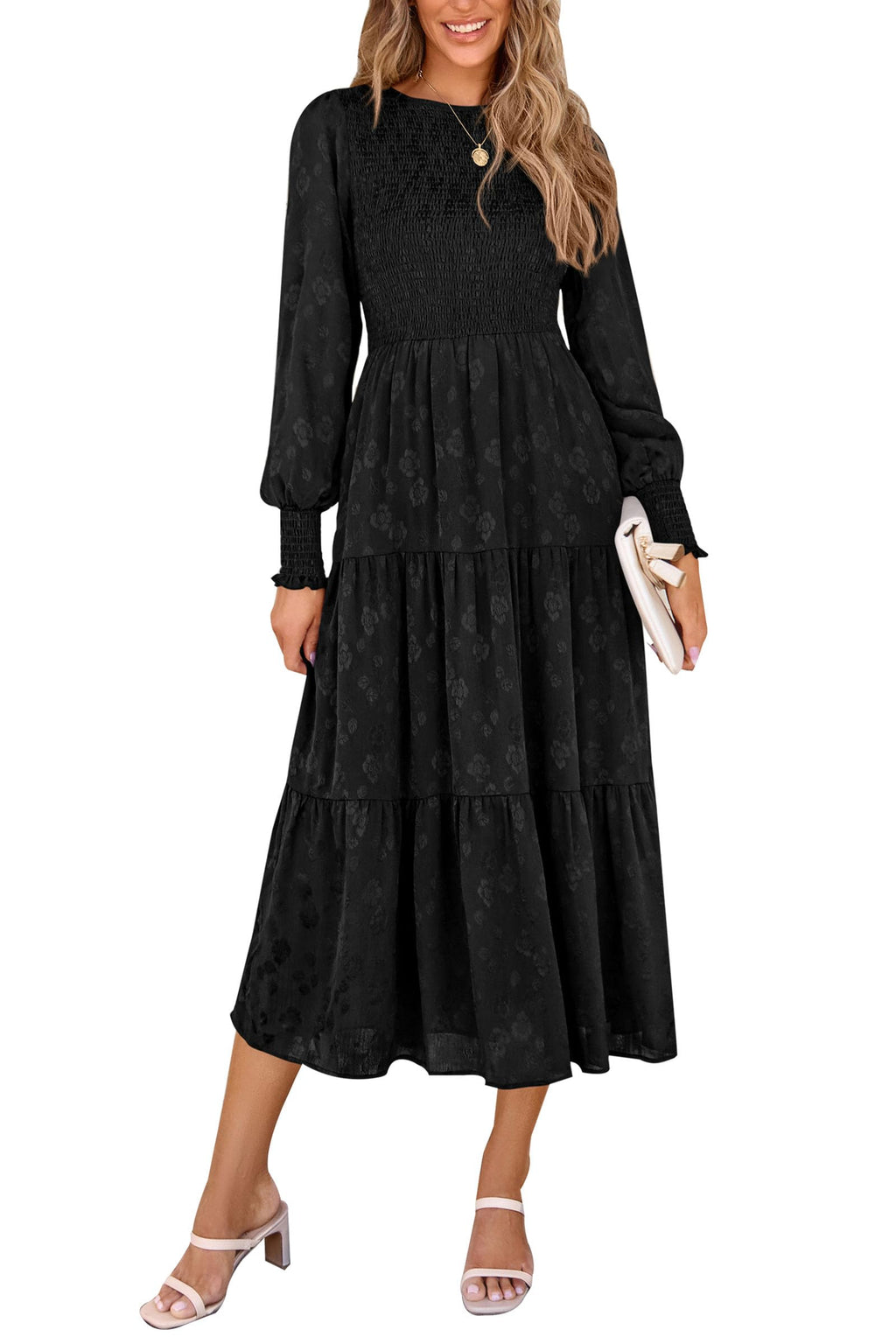 PRETTYGARDEN Women's Fall Spring Midi Dress Long Sleeve Floral Smocked Elegant Wedding Guest Long Flowy Dresses with Pockets
