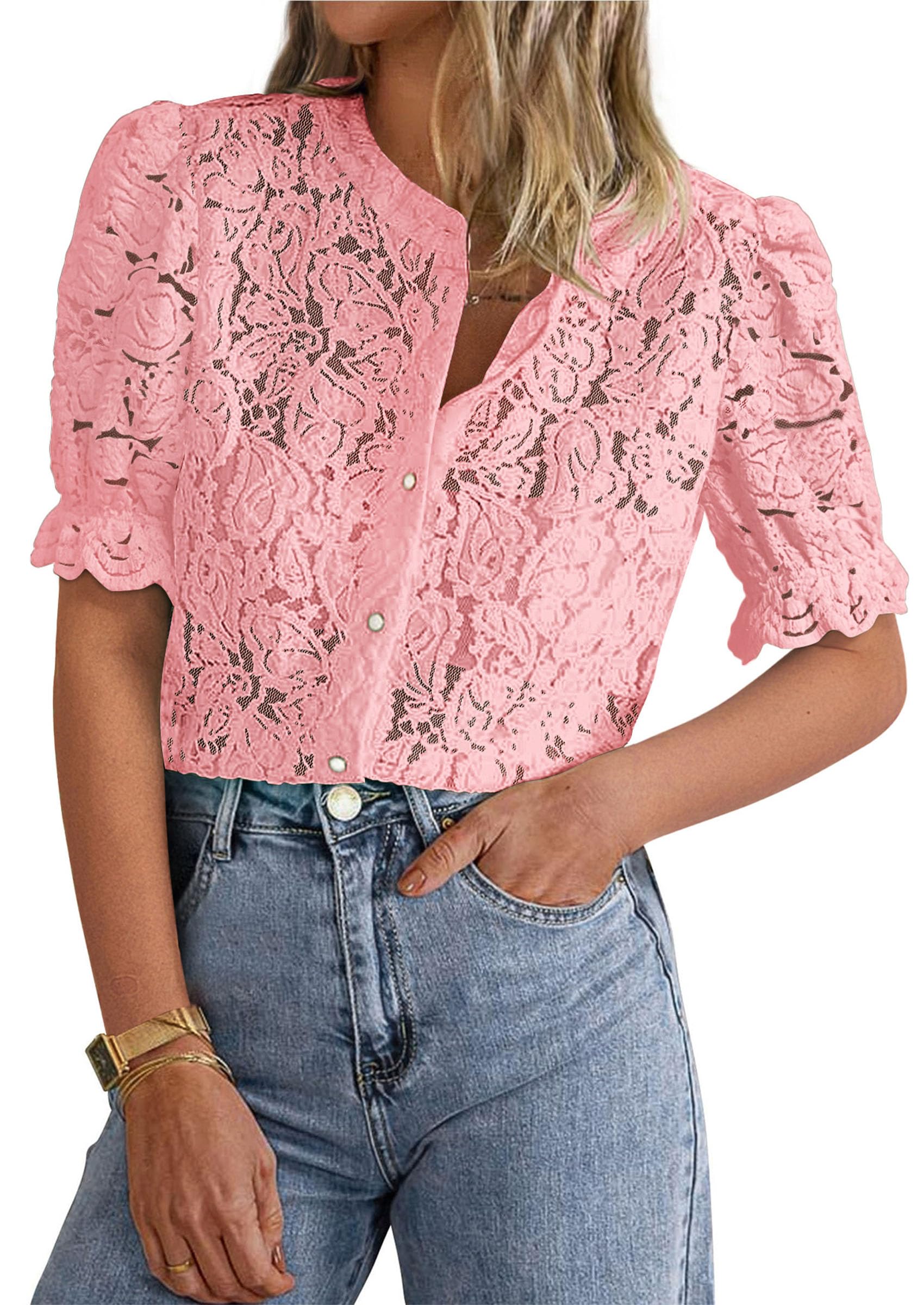 PRETTYGARDEN Womens Spring Lace Tops Short Puff Sleeve Casual Dressy Blouses Eyelet Crew Neck Button Down Shirts