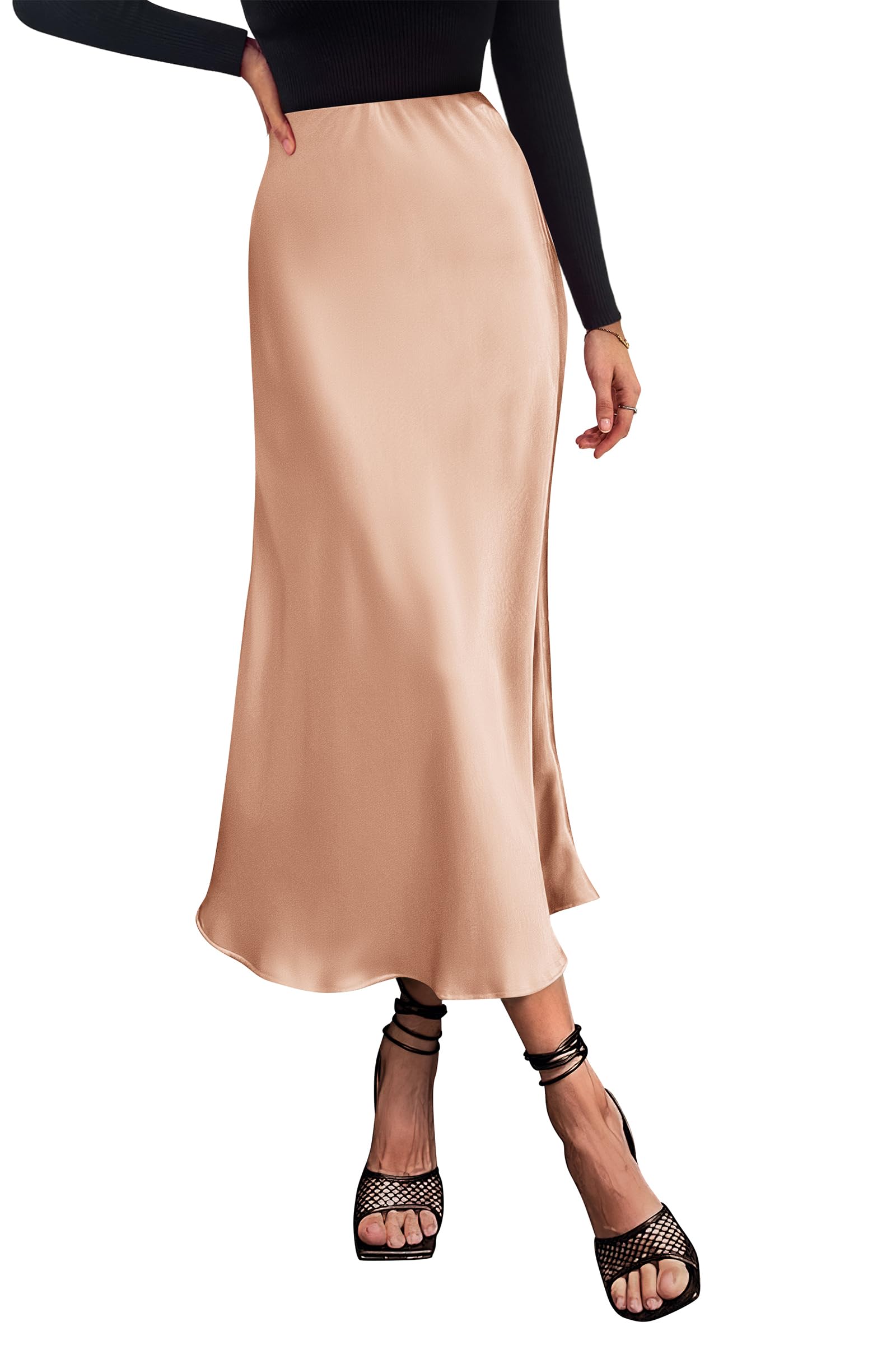 PRETTYGARDEN Women's Satin Skirts Dressy Casual Fall High Waisted Cocktail Wedding Flowy Elegant A Line Midi Skirt
