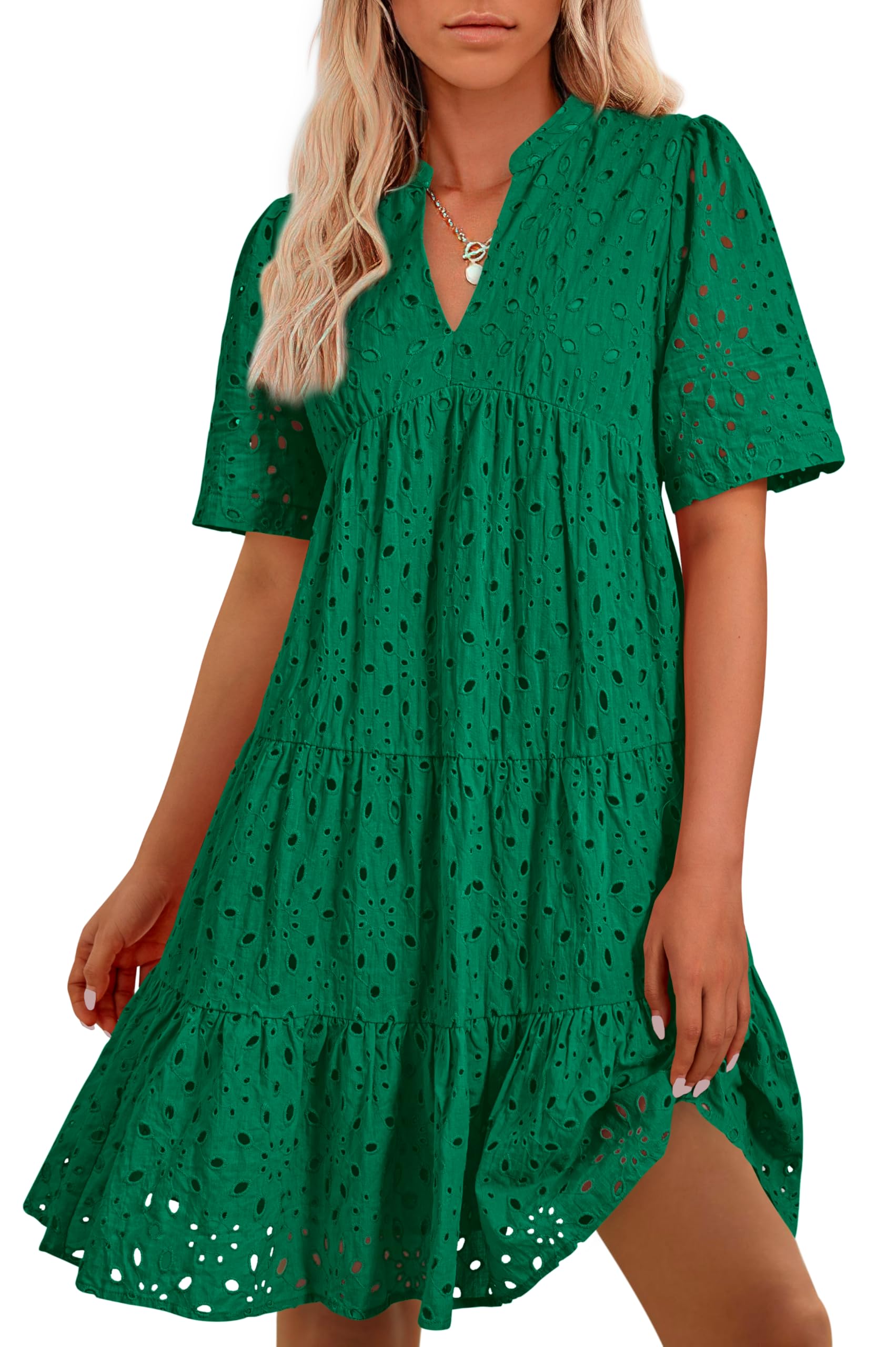 BTFBM Womens Boho Summer Dresses Spring V Neck Short Sleeve Hollow Out Lace Ruffle Casual Beach Mini Vacation Dress