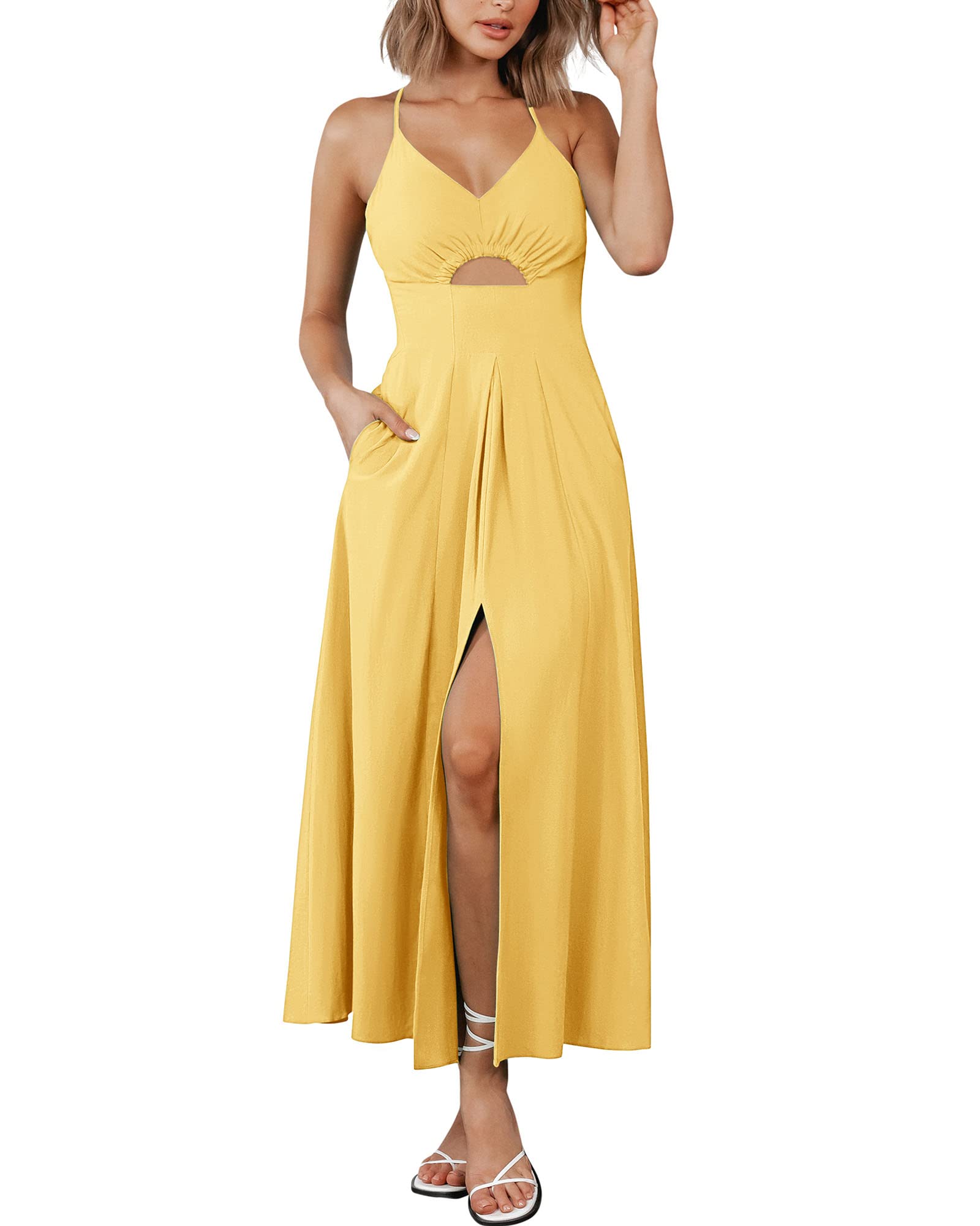 BTFBM Women Spaghetti Strap Midi Summer Dresses Sleeveless V Neck Cutout Slit Casual Beach Party Maxi Dress Pockets