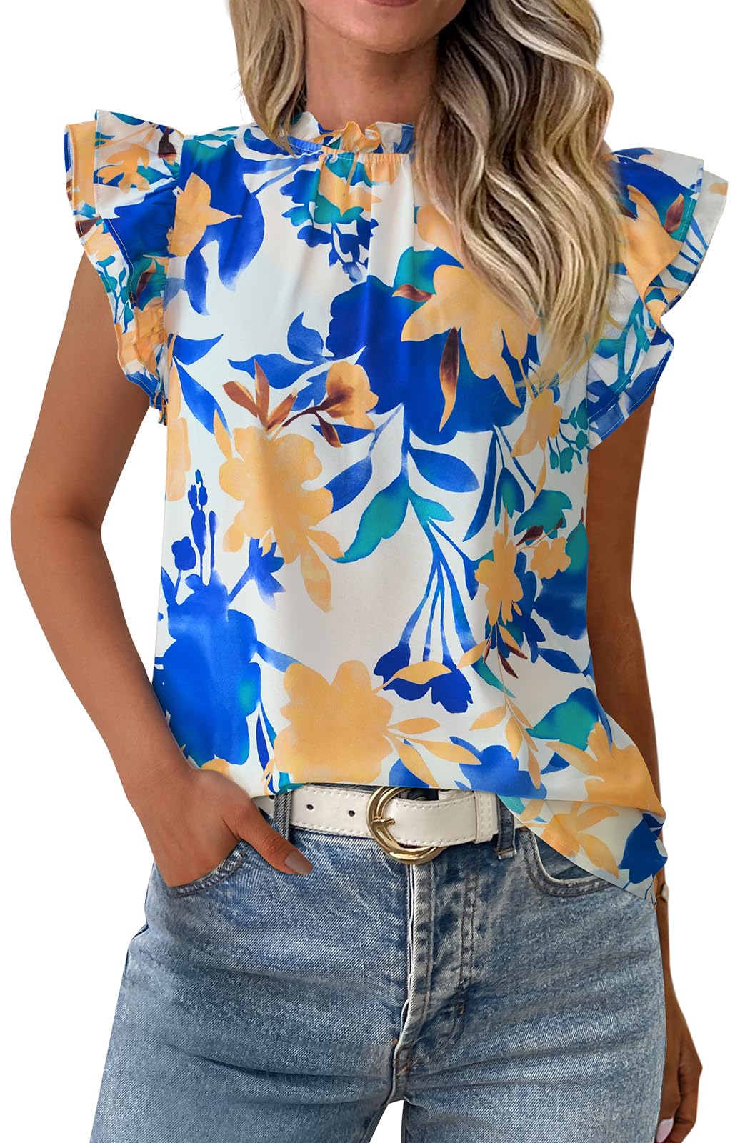 PRETTYGARDEN Women's Ruffle Short Sleeve Summer Tops Trendy Floral Trim Neck Casual Dressy Chiffon Boho Blouses Shirts
