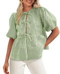 PRETTYGARDEN Women's Tie Front Striped Shirt Summer Trendy Fashion Cute Babydoll Tops Peplum Puffy Sleeve Blouse
