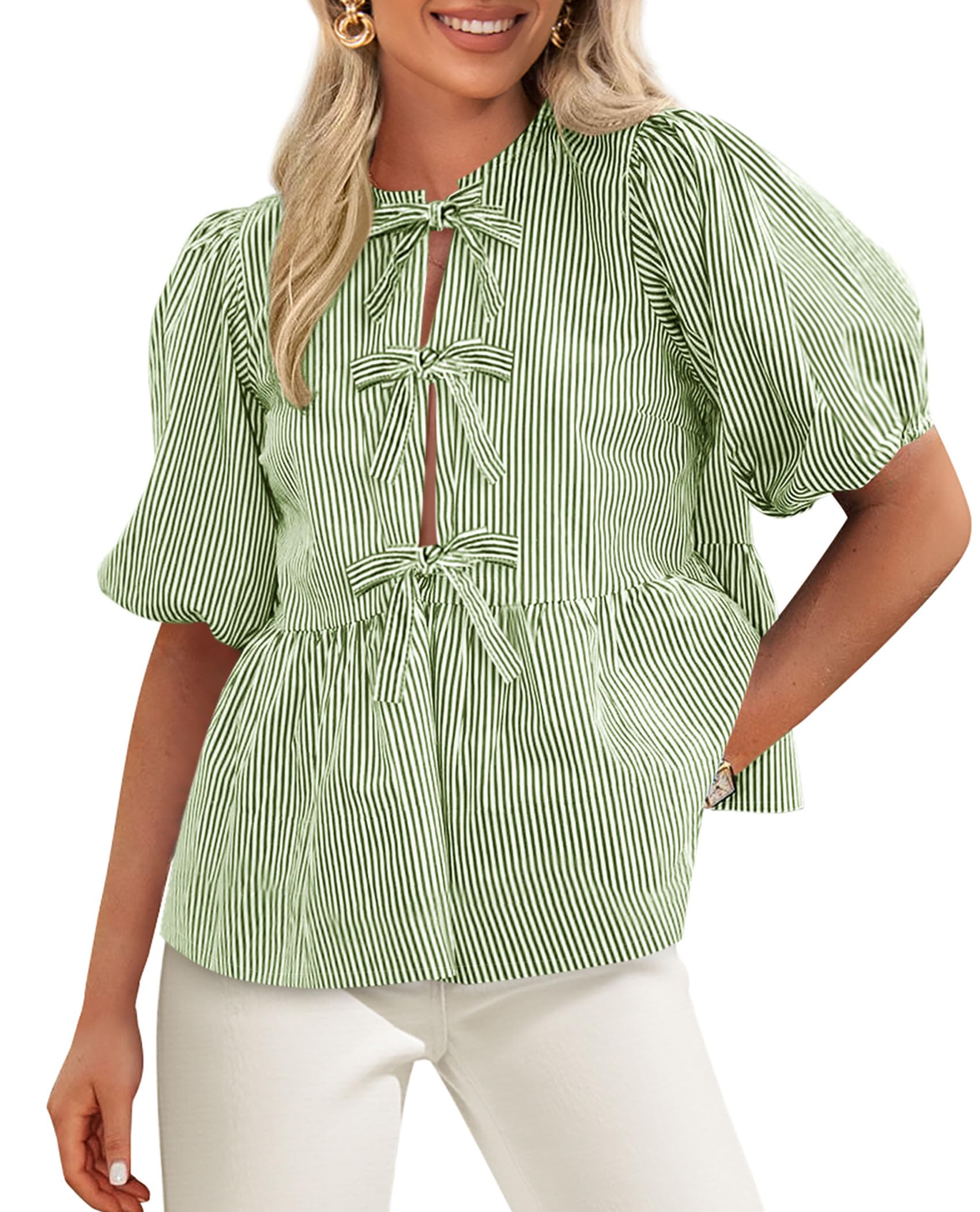 PRETTYGARDEN Women's Tie Front Striped Shirt Summer Trendy Fashion Cute Babydoll Tops Peplum Puffy Sleeve Blouse