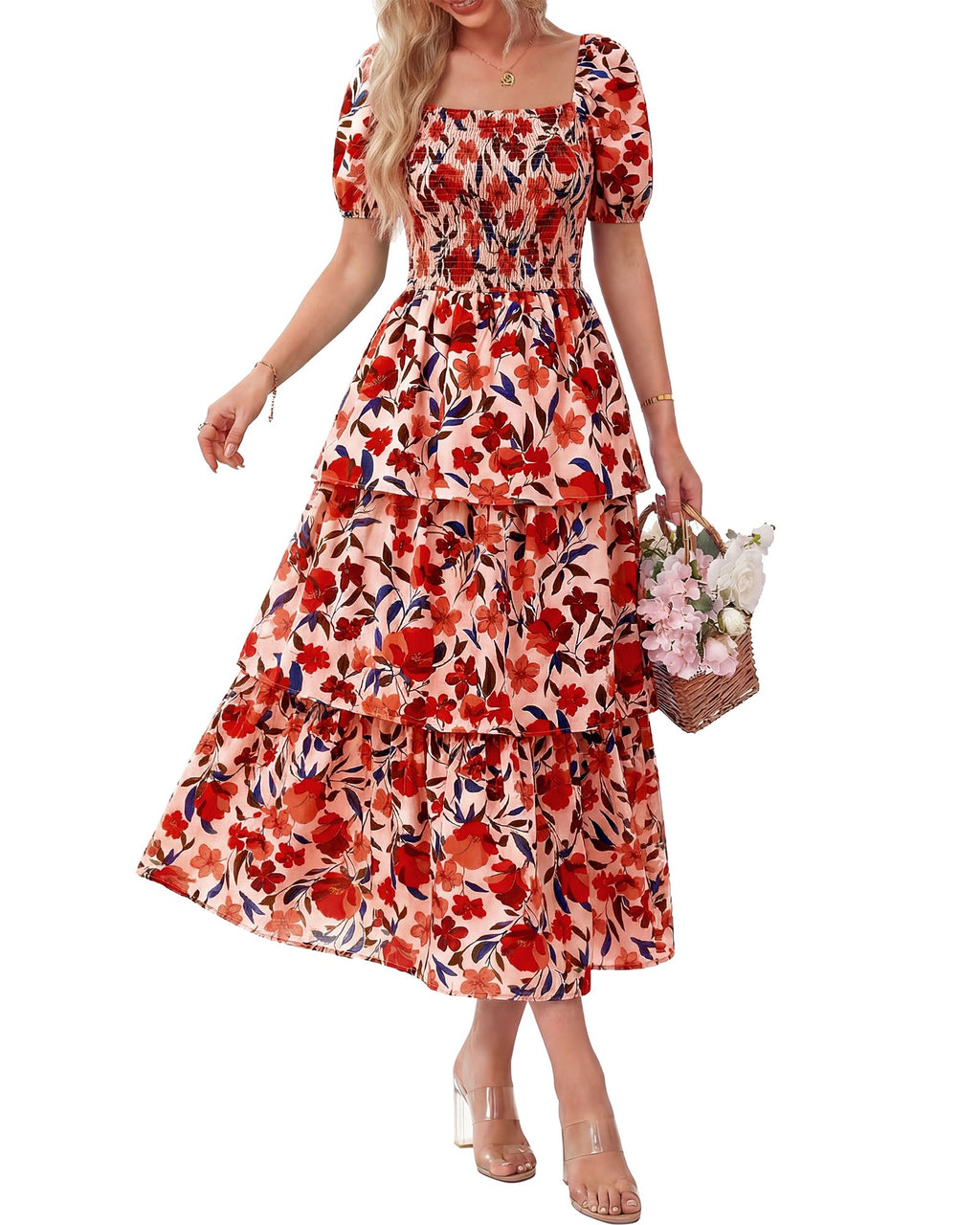BTFBM Womens Square Neck Smocked Dress Summer Puff Short Sleeve Floral Casual Ruffle Tiered Maxi Wedding Guest Dresses