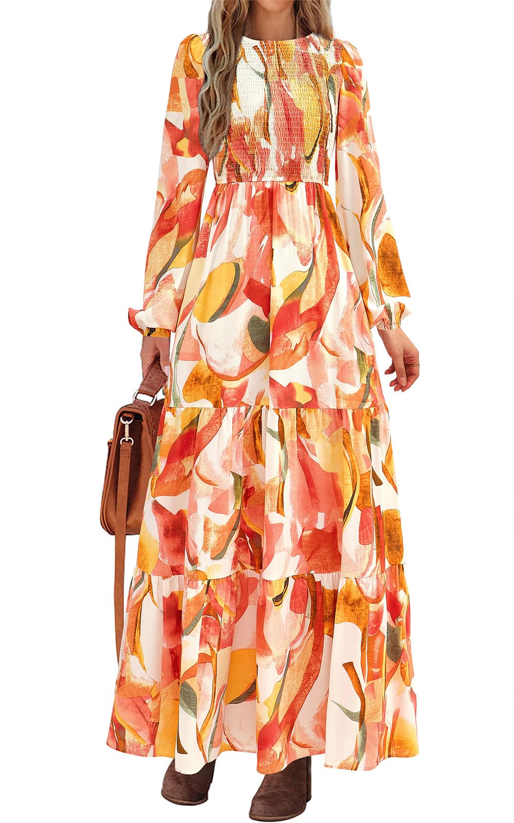 PRETTYGARDEN Women's Fall Dresses Long Sleeve Flowy Casual Floral Maxi Dress Crew Neck Smocked Tiered Long Dress