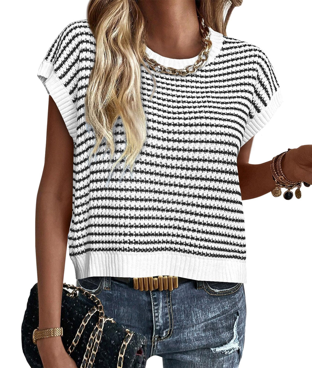 PRETTYGARDEN Womens Short Sleeve Sweater Spring Summer Round Neck Striped Pullover Cap Sleeve Knit Sweater Vest Tops