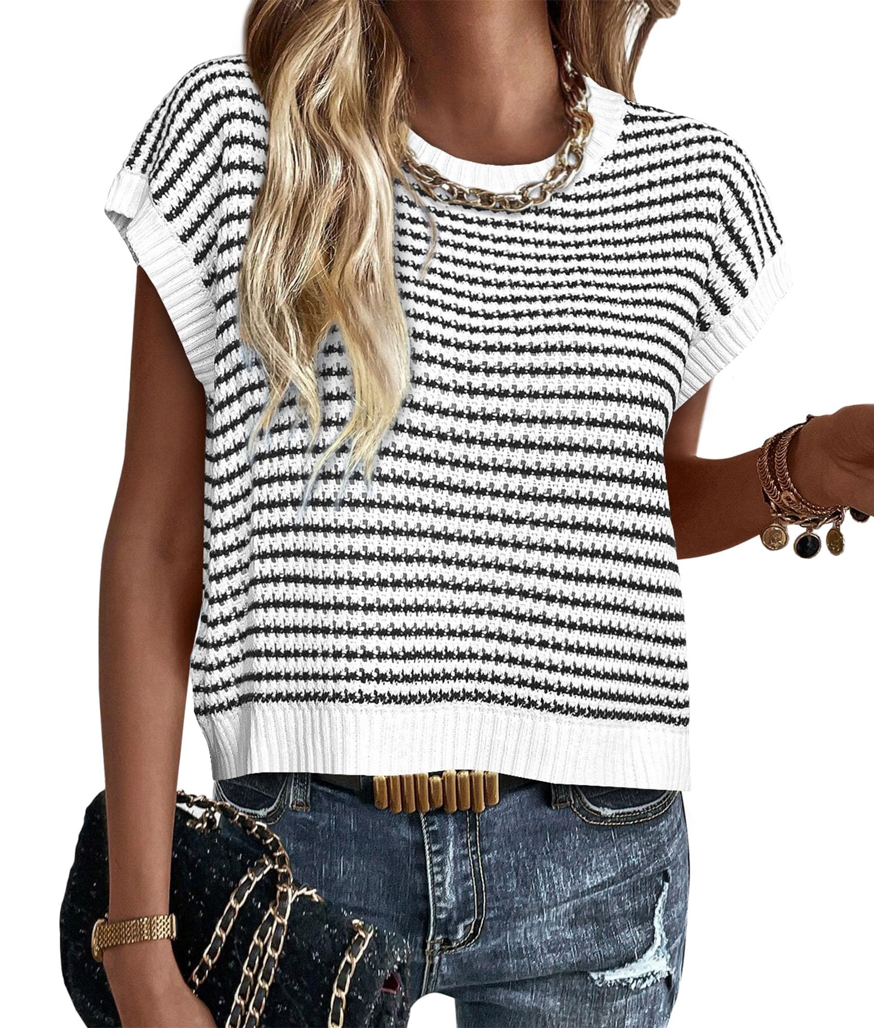PRETTYGARDEN Womens Short Sleeve Sweater Spring Summer Round Neck Striped Pullover Cap Sleeve Knit Sweater Vest Tops