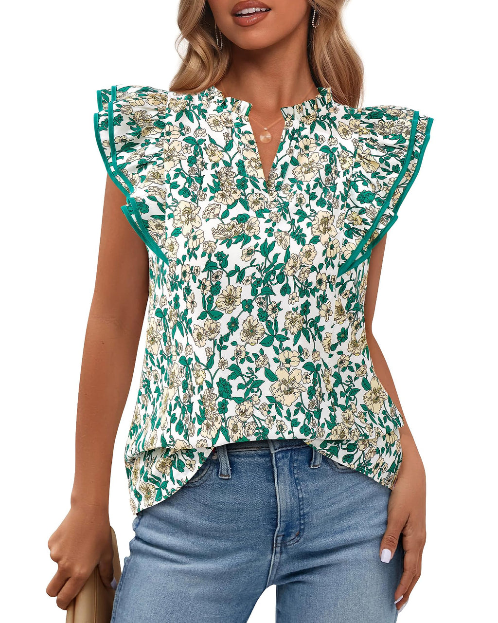 BTFBM Womens Tops Dressy Casual Spring Summer Shirts Boho Floral V Neck Ruffle Cap Sleeve Business Work Blouses