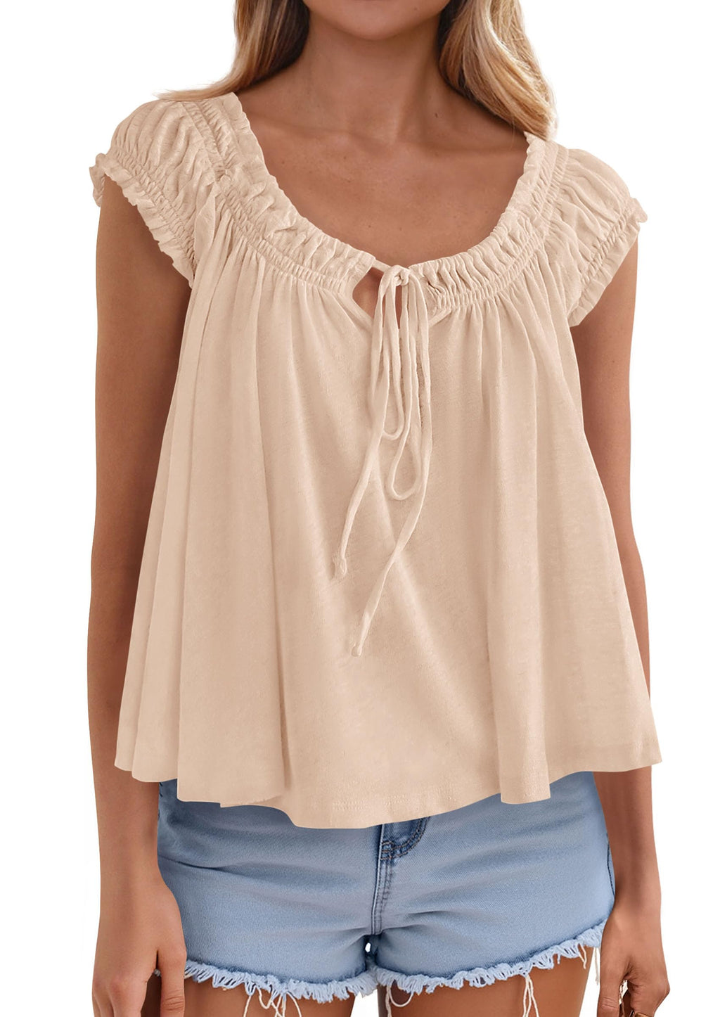 PRETTYGARDEN Women Babydoll Tops Summer Clothes Cap Sleeve Tie Front Flowy Tank Top Peplum Blouses Cute Going Out Shirts