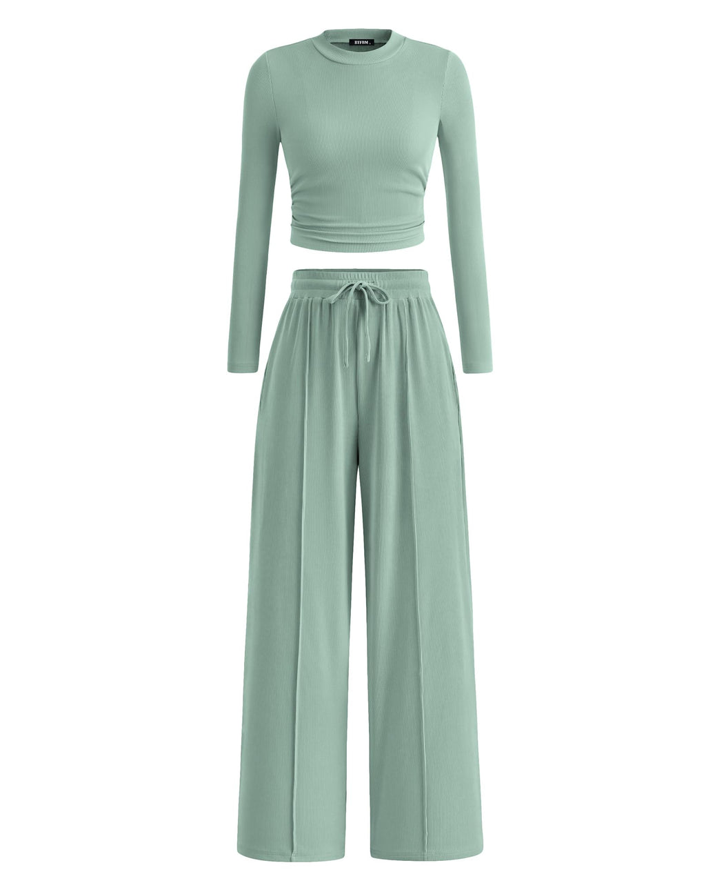 BTFBM Casual 2 Piece Sets For Women Fall Outfits Ribbed Spring Long Sleeve Crop Top Wide Leg Pants Matching Lounge Set