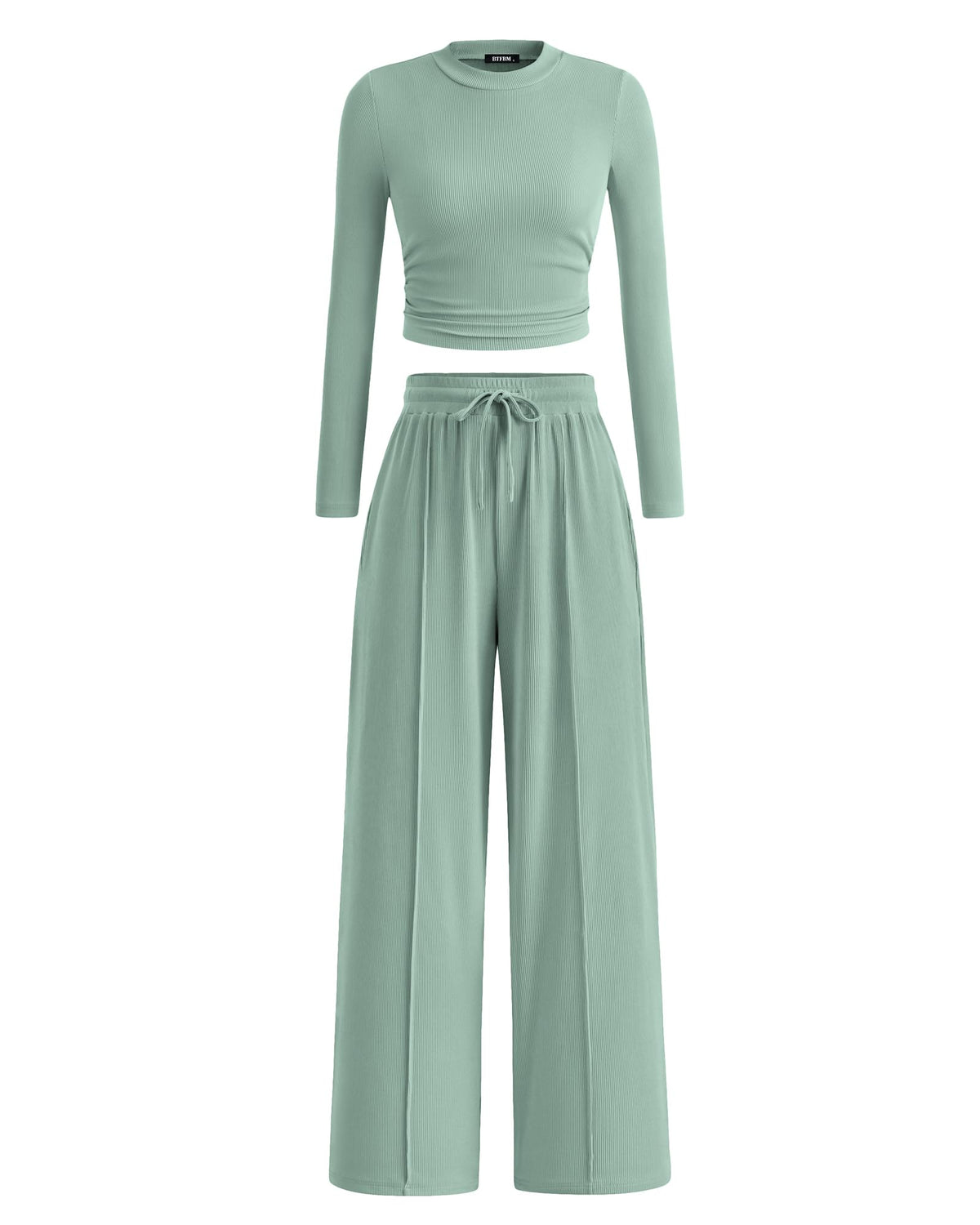 BTFBM Casual 2 Piece Sets For Women Fall Outfits Ribbed Spring Long Sleeve Crop Top Wide Leg Pants Matching Lounge Set