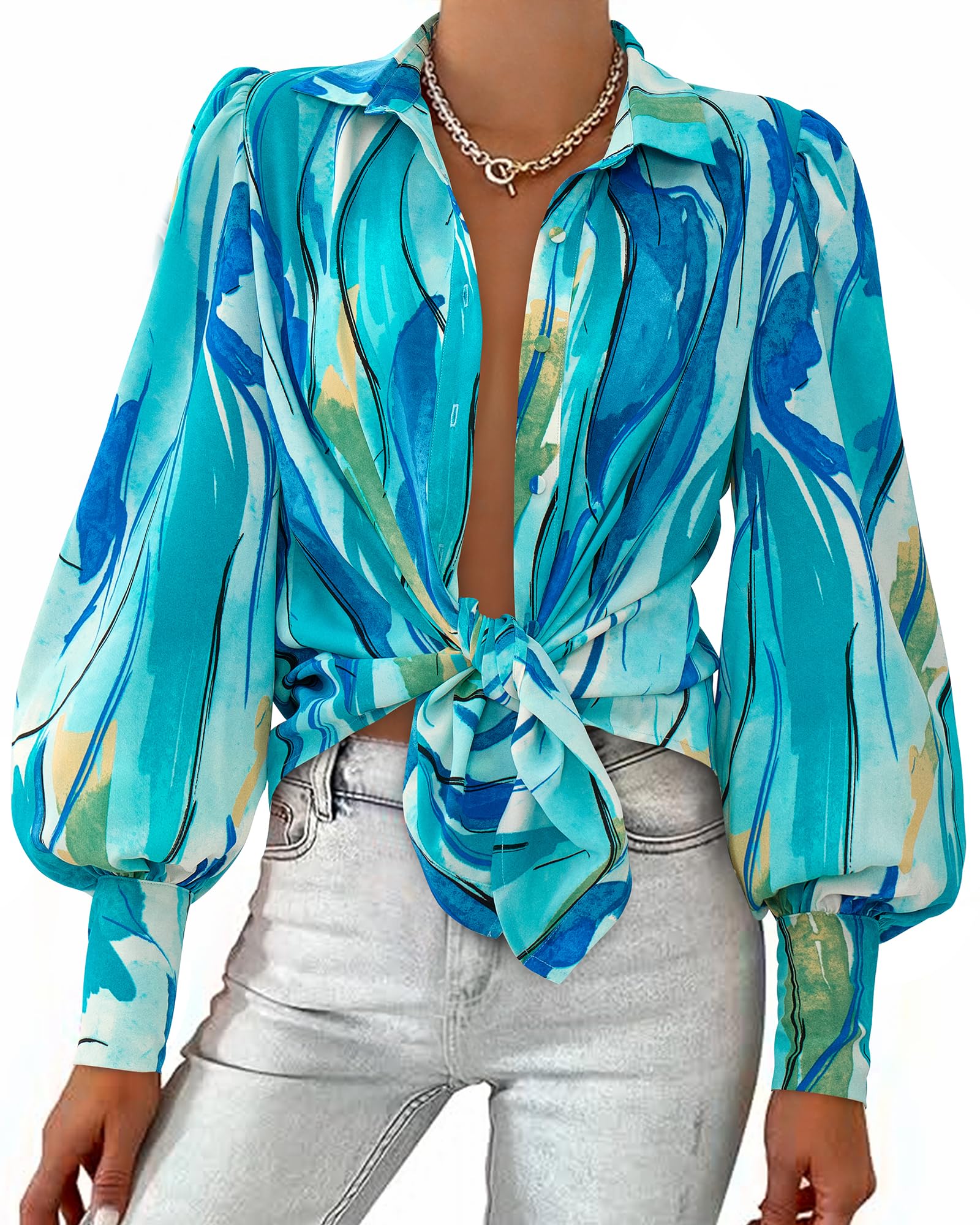 BTFBM Women Fashion Button Down Shirts V Neck Boho Printed Long Sleeve Blouses Dressy Casual Spring Fall Tops