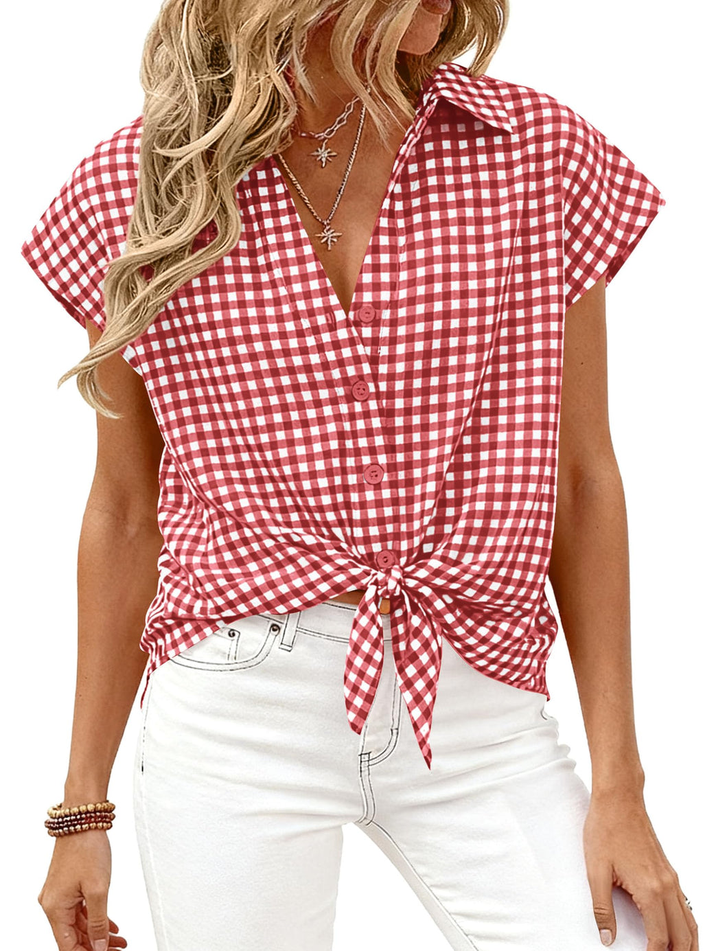 PRETTYGARDEN Womens Short Sleeve Shirts Plaid Button Down Blouse Dressy Casual Summer Spring Business Gingham Work Tops