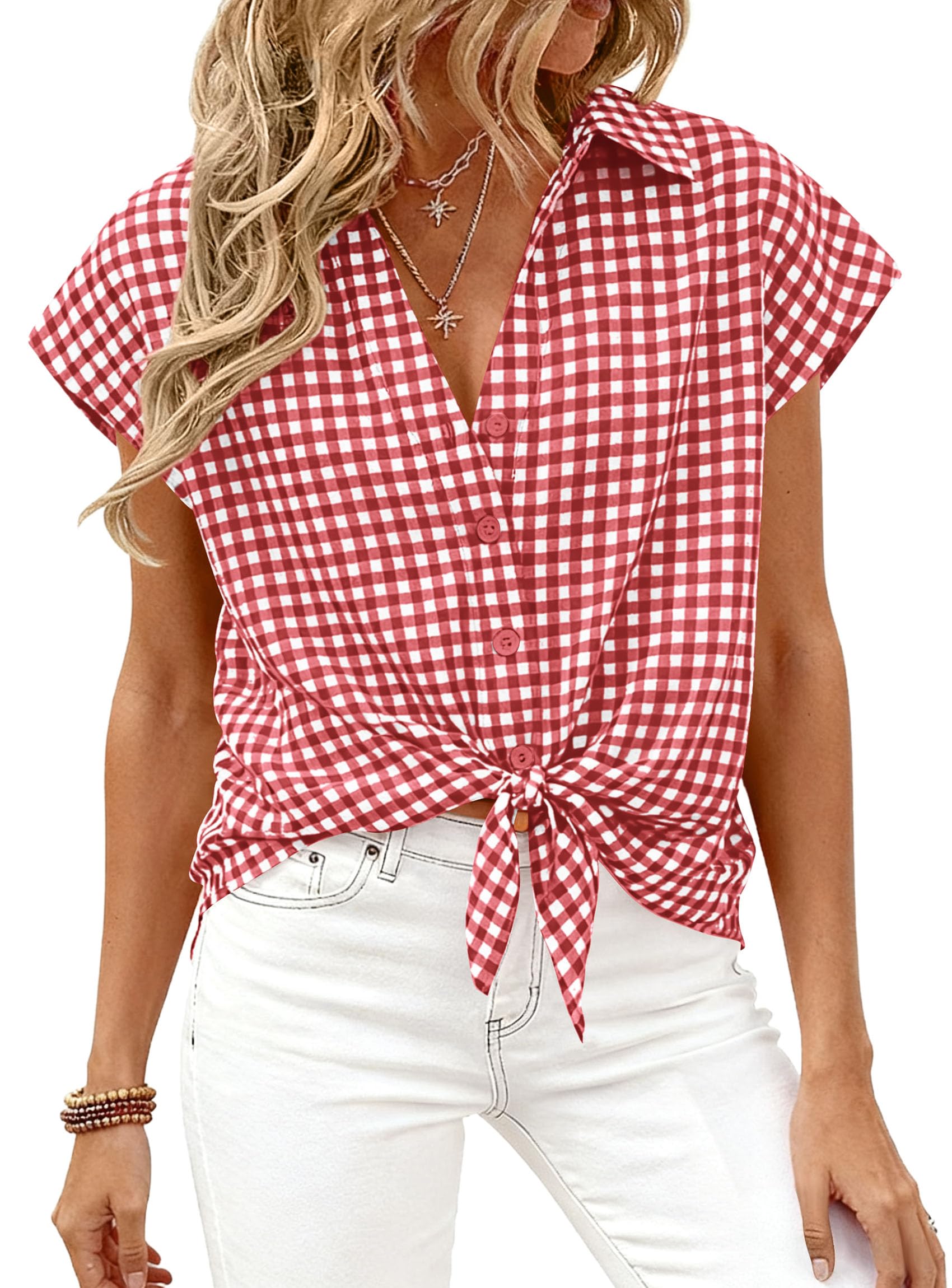 PRETTYGARDEN Womens Short Sleeve Shirts Plaid Button Down Blouse Dressy Casual Summer Spring Business Gingham Work Tops