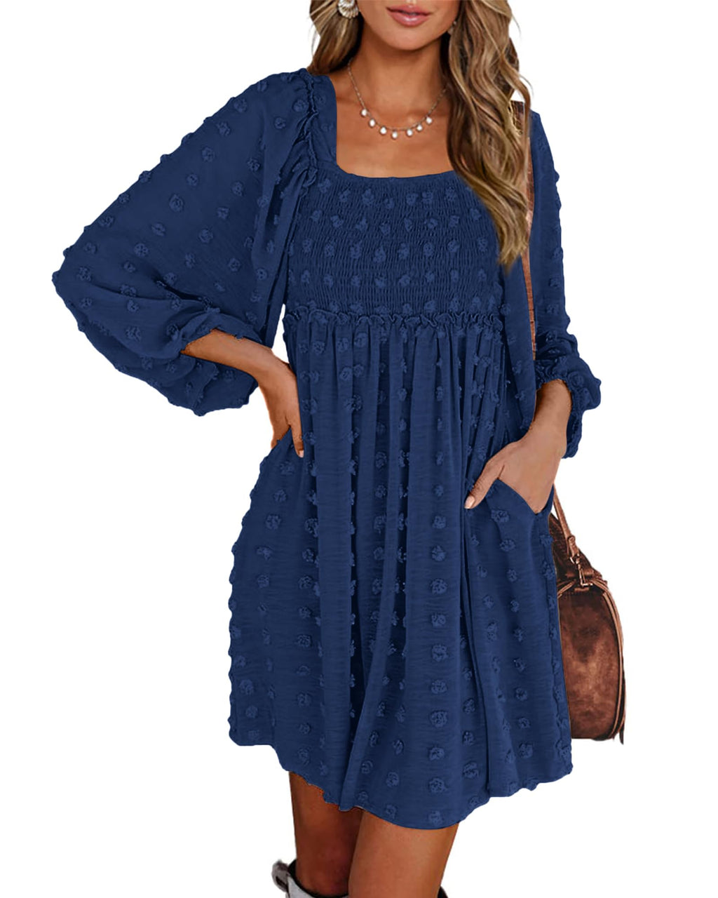 BTFBM Womens Long Sleeve Dress Summer Vacation Square Neck Smocked Floral Mini Boho Spring Wedding Guest Dresses