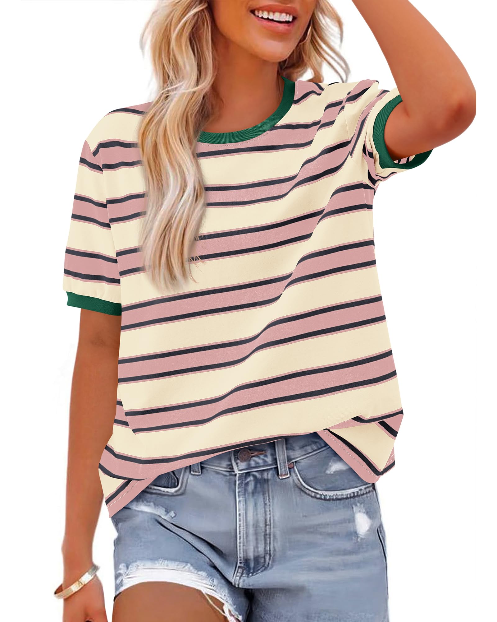 BTFBM Summer Tops for Women Crewneck Short Sleeve Striped T Shirts Casual Spring Clothes Color Block Basic Tee Blouses