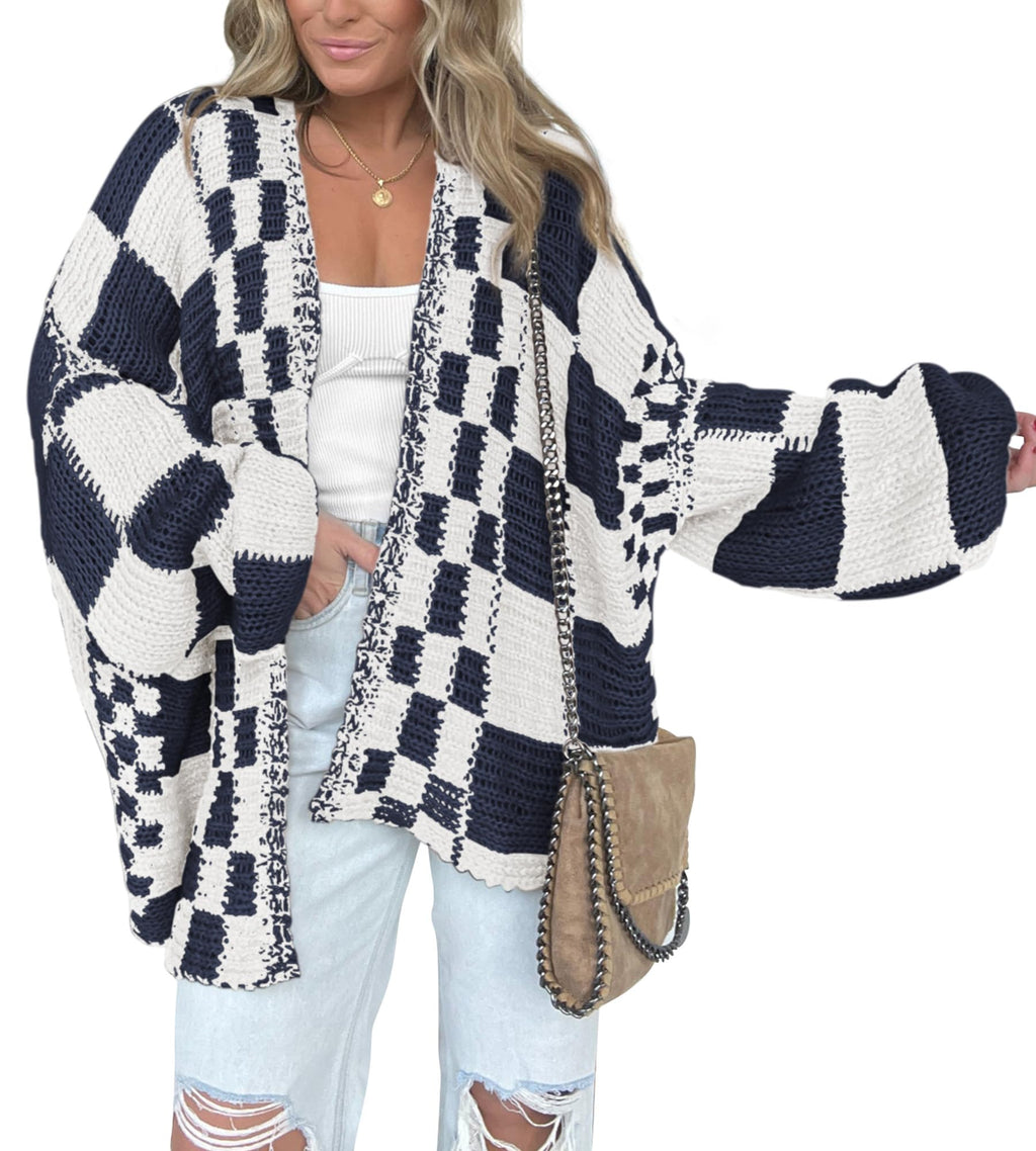 FreshPretty Casual Cardigan Sweater for Women Fall Long Sleeve Open Front Chunky Knit Sweaters Checkered Outwear Coat