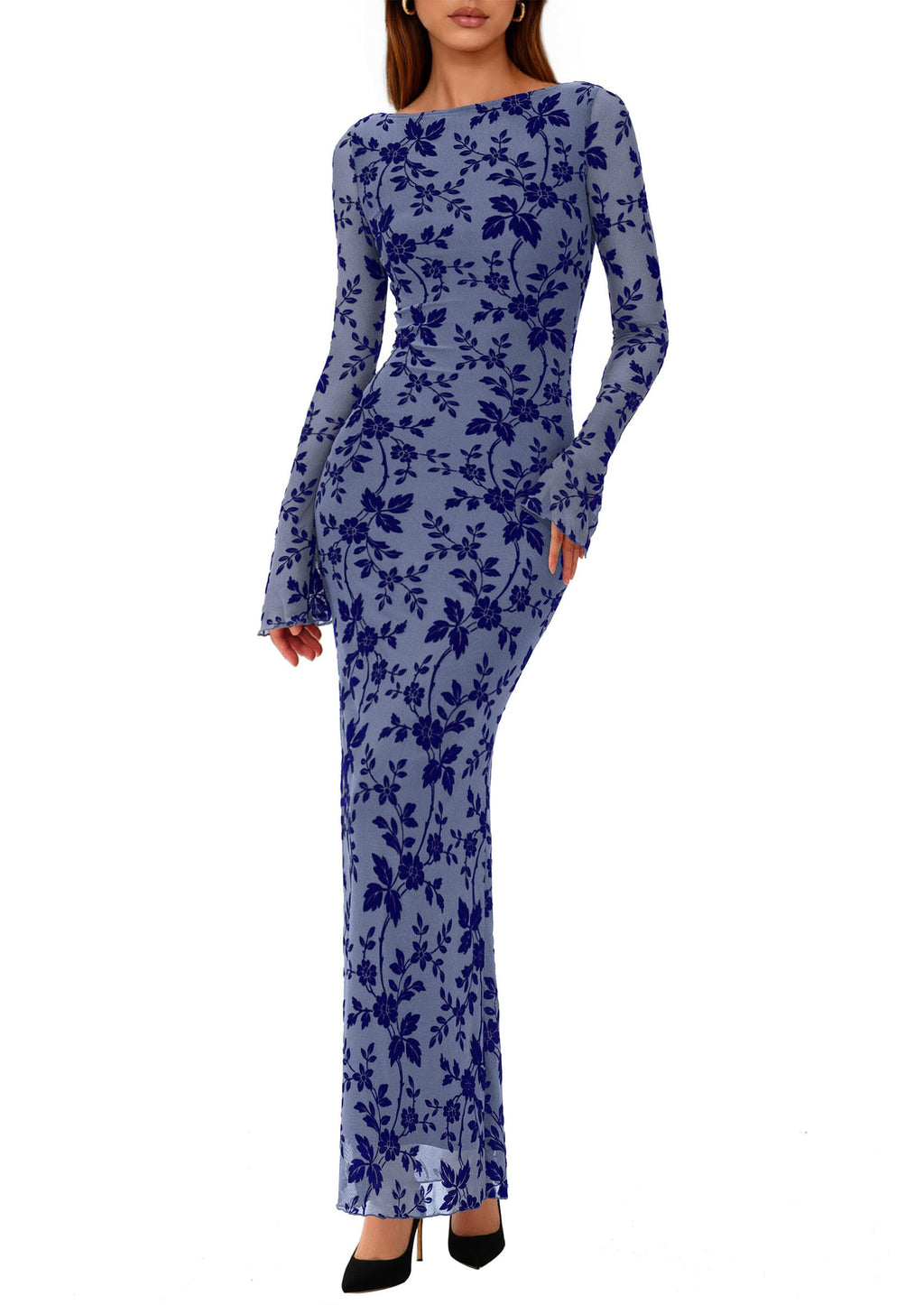 PRETTYGARDEN Women's Floral Bodycon Maxi Dress Fall Elegant Mesh Long Sleeve Formal Wedding Guest Cocktail Dresses