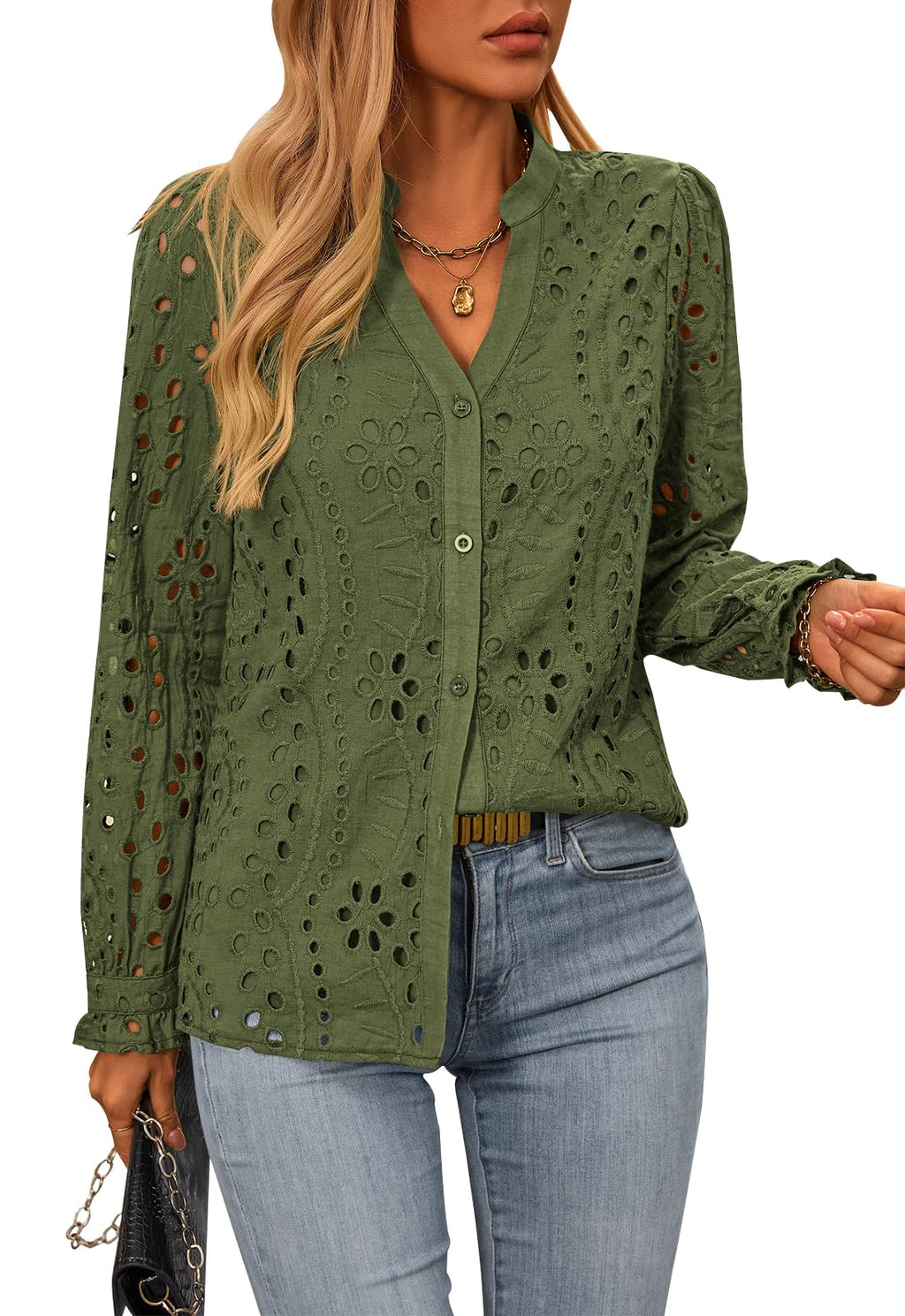 FreshPretty Women's Long Sleeve Shirts Button Down Dressy Casual Blouses V Neck Embroidery Hollow Out Tops Fall Winter Clothes