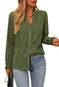FreshPretty Women's Long Sleeve Shirts Button Down Dressy Casual Blouses V Neck Embroidery Hollow Out Tops Fall Winter Clothes