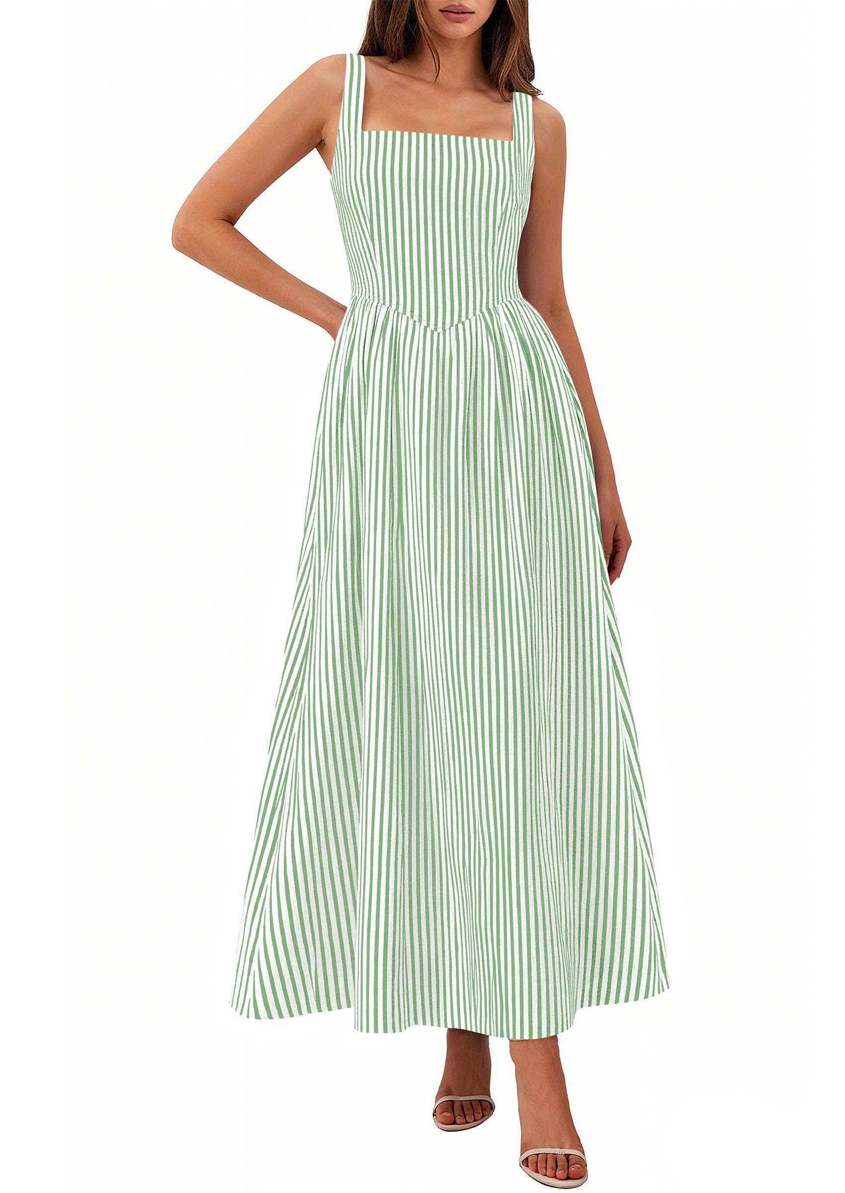 PRETTYGARDEN Women's Maxi Striped Dress Summer Sleeveless Square Neck Smocked A Line Long Flowy Spring Vacation Sundress