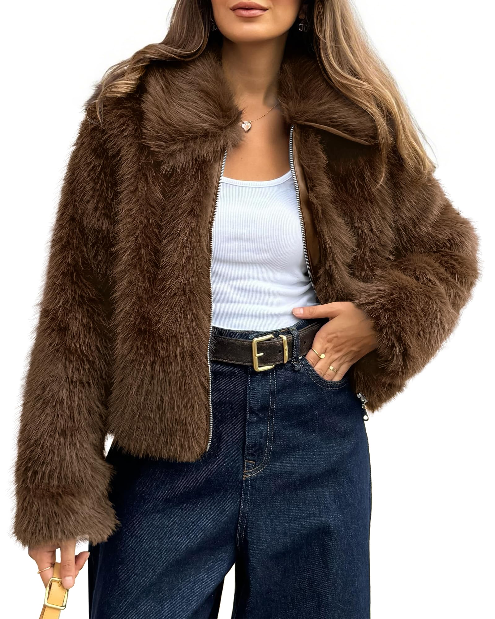 BTFBM Faux Fur Jacket Women Fluffy Winter Cropped Coats Zip Up Fuzzy Jackets Long Sleeve Furry Coat Fall Clothes