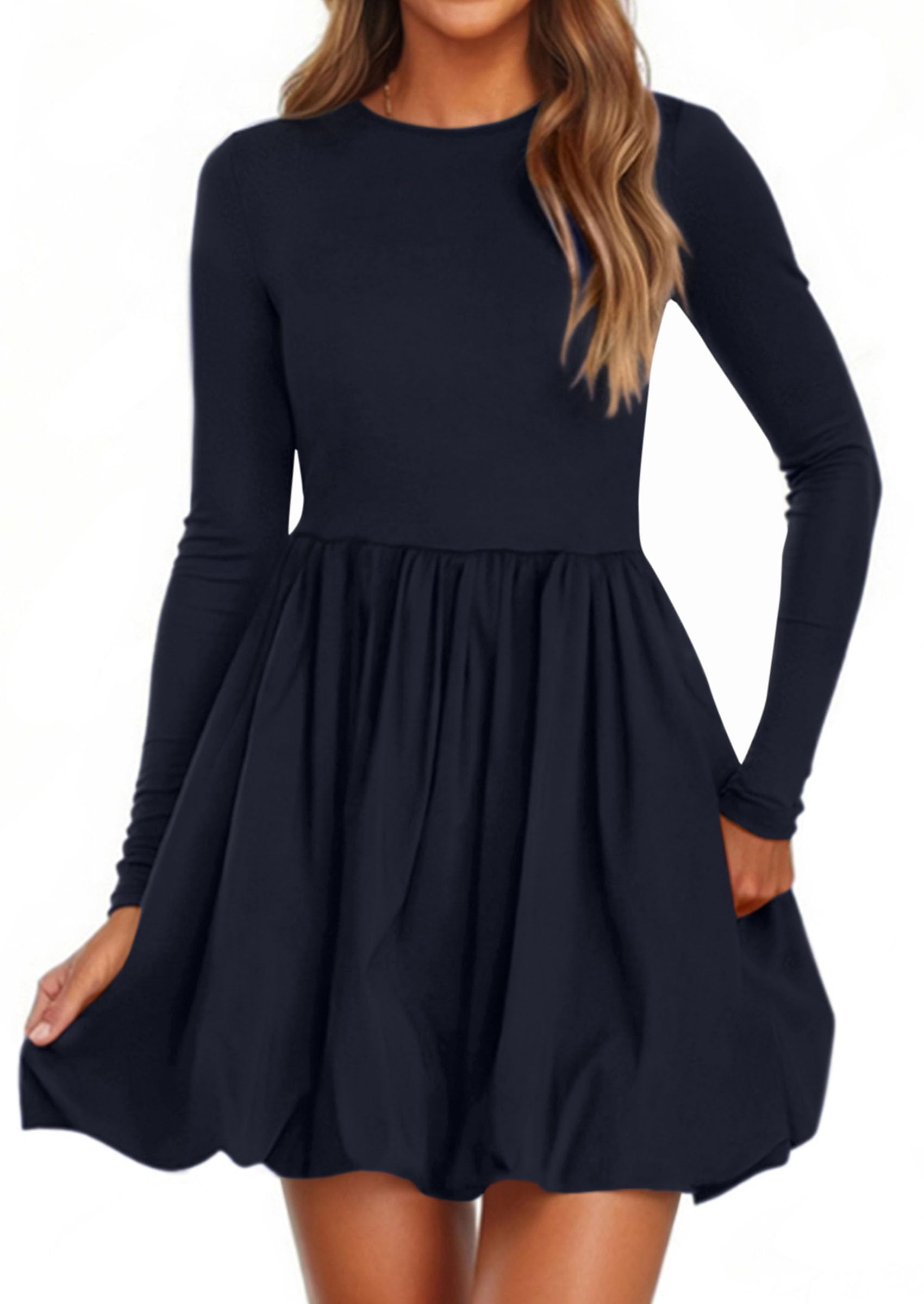 PRETTYGARDEN Fall Dresses for Women Casual Long Sleeve Bubble Cute Crew Neck A Line Mini Short Dress with Pockets