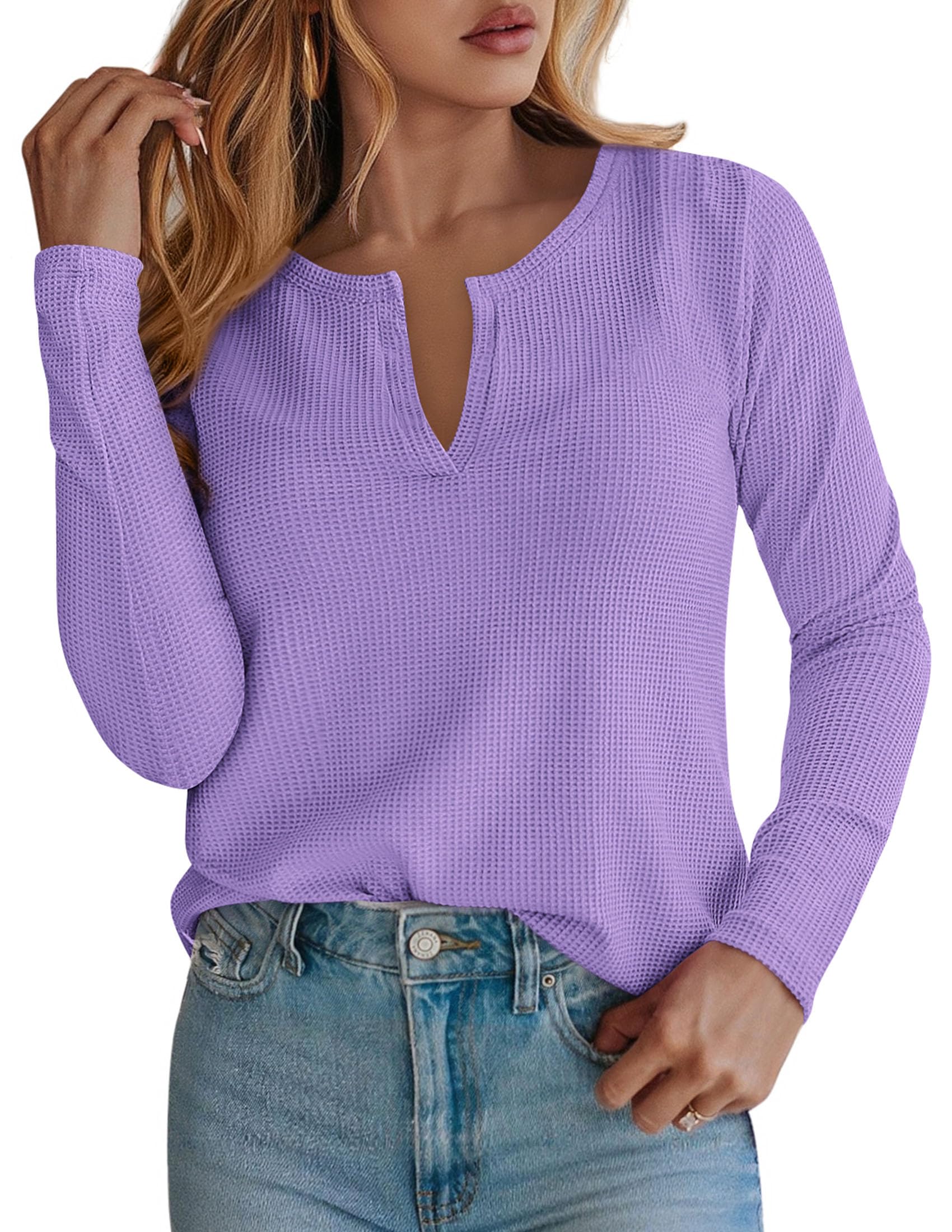 PRETTYGARDEN Long Sleeve Shirts for Women Fall V Neck Waffle Basic Tee Dressy Casual Winter Blouses Knit Tunic Tops