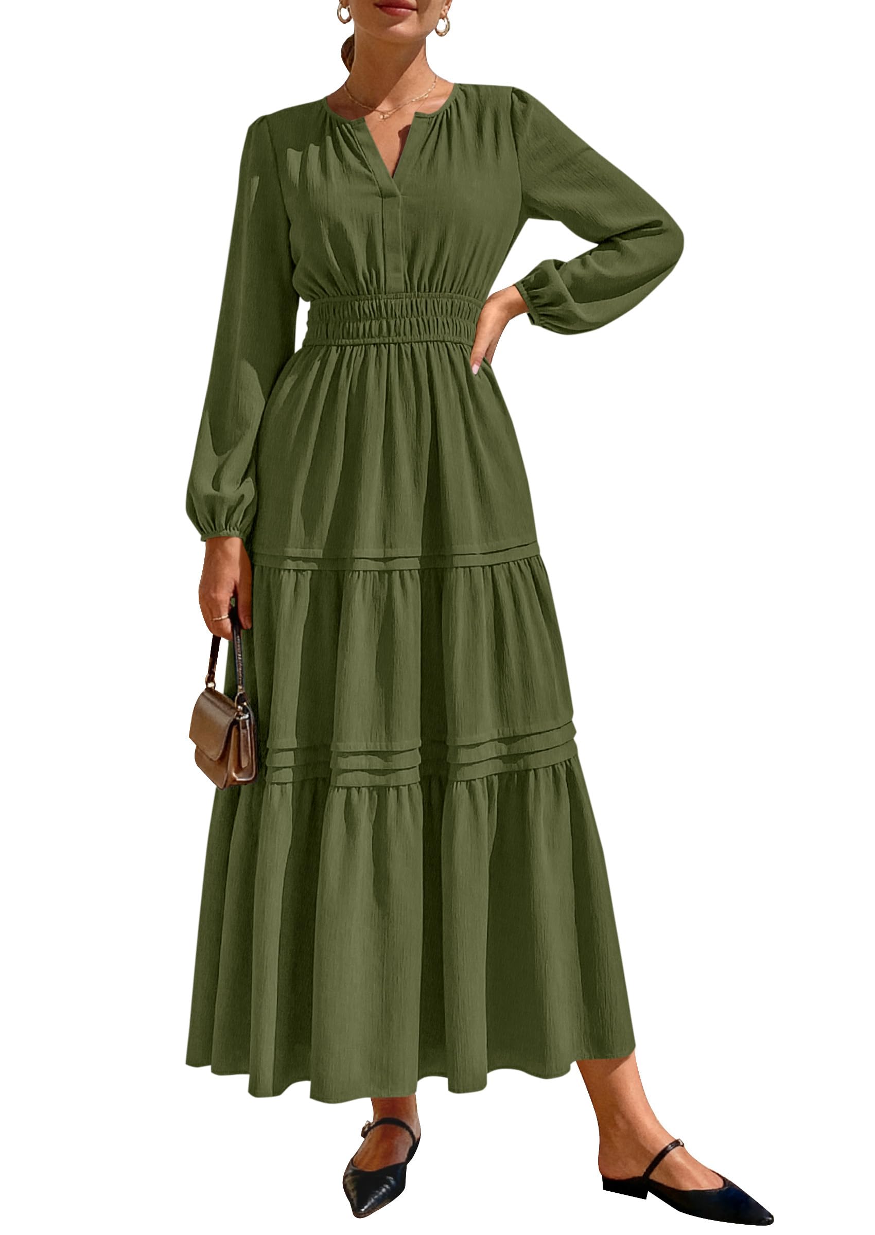 PRETTYGARDEN Women's Elegant Maxi Dresses Long Sleeve V Neck Flowy Pockets Casual Modest Dress Fall Fashion Clothes