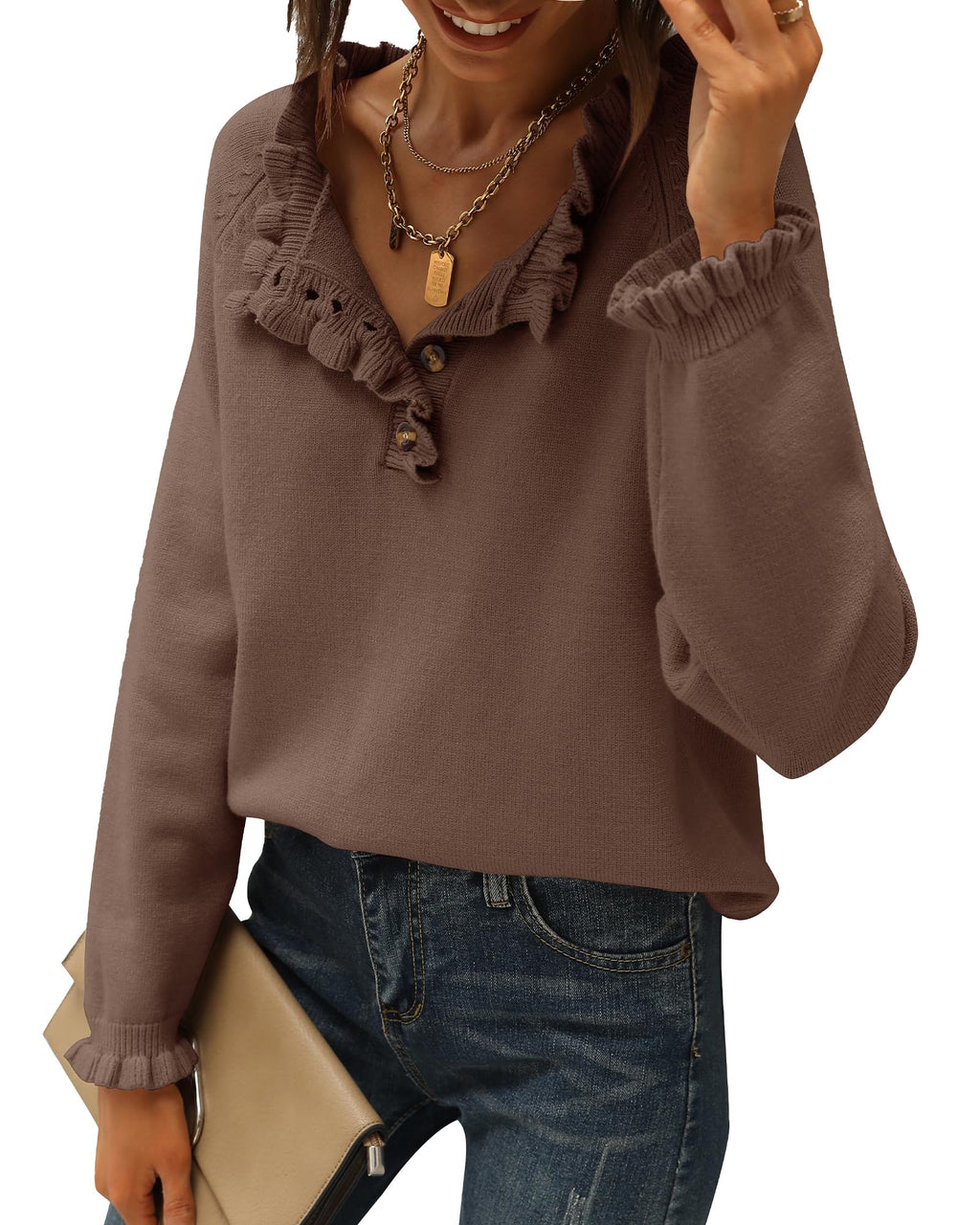 FreshPretty Womens Sweaters Fall Winter Clothes Long Sleeve Button Down Ruffle Crew Neck Casual Knitted Pullover Tops