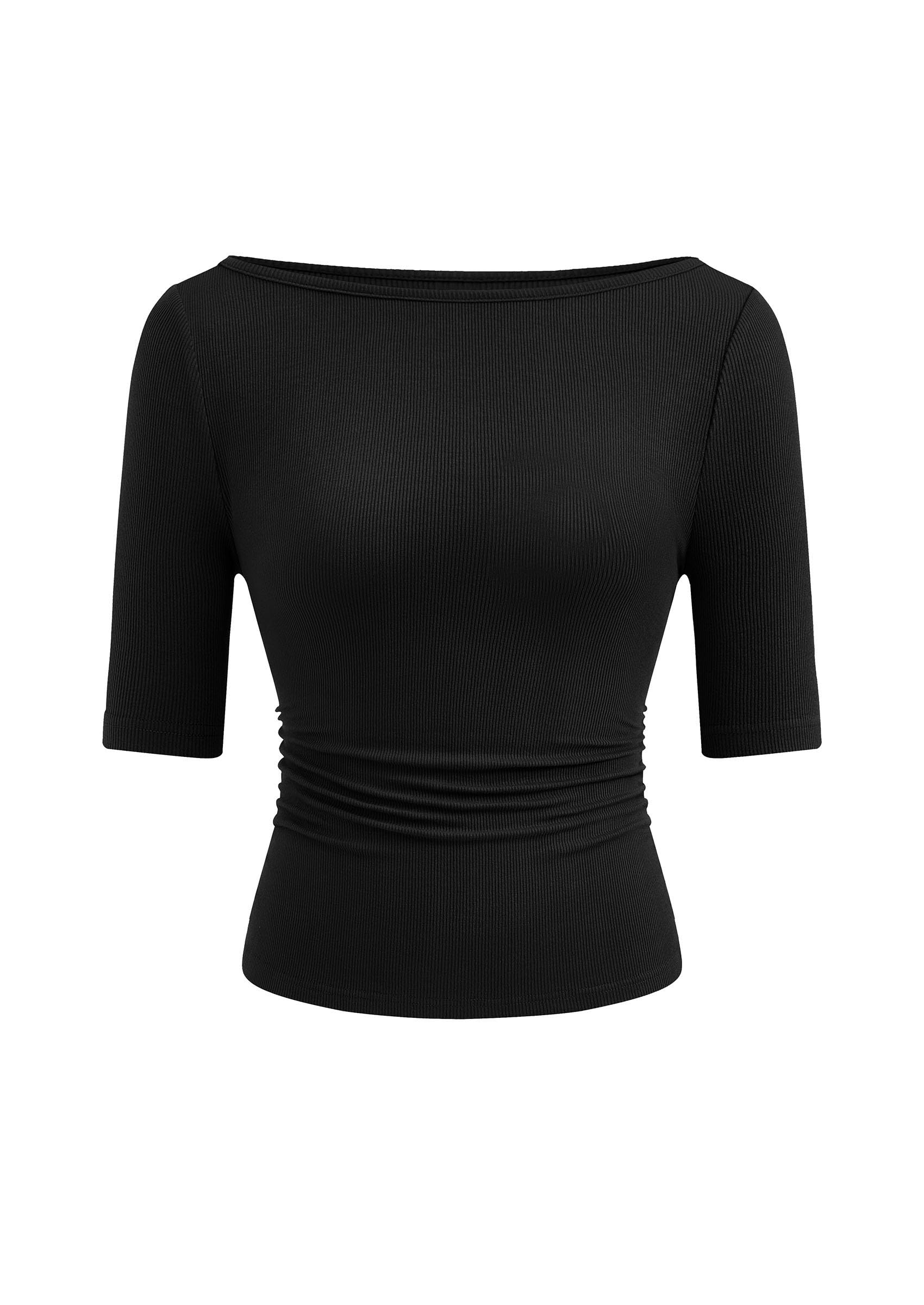 PRETTYGARDEN Womens Summer Short Sleeve Tops Boat Neck Ribbed Knit Slim Fit T Shirt Casual Basic Top Spring Clothes