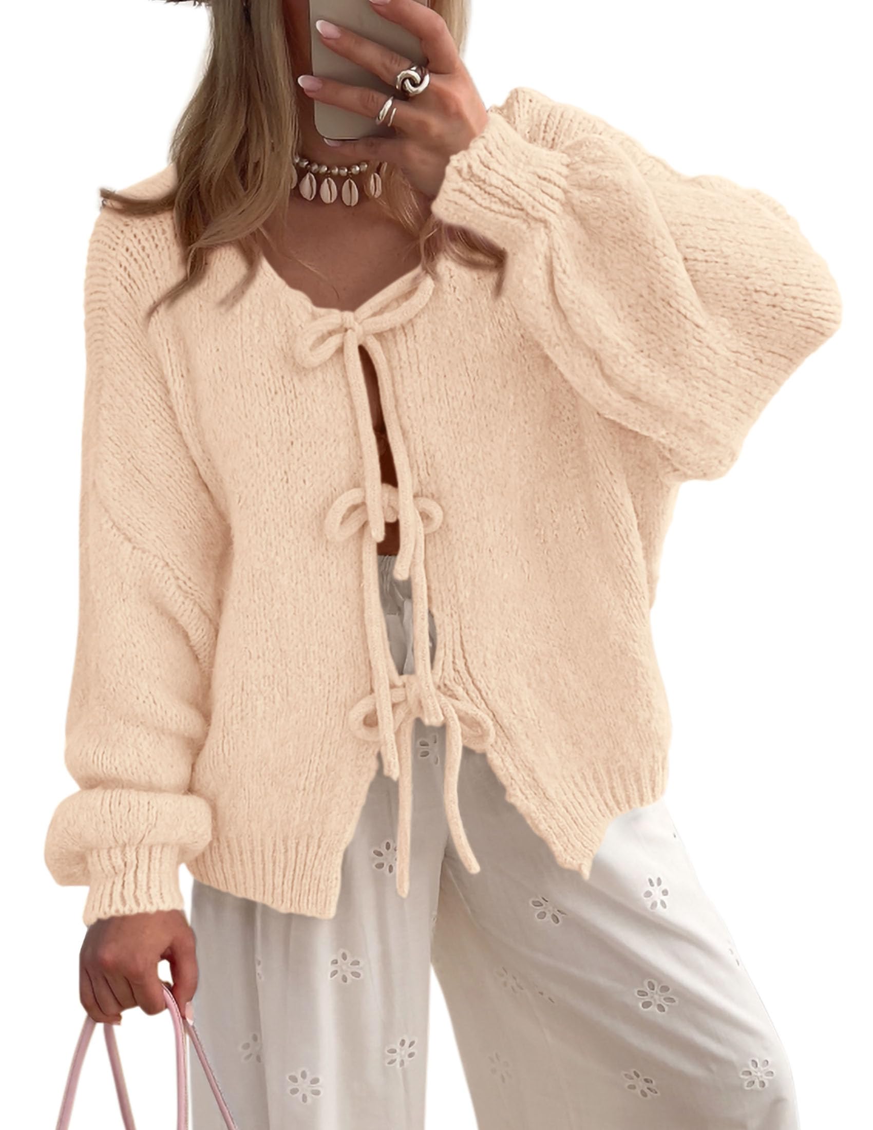 PRETTYGARDEN Women's Tie Front Bow Cardigan Sweaters Chunky Knit Long Puff Sleeve Trendy Fall Winter Jacket Coat