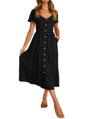 FreshPretty Women Spring Summer Casual Short Sleeve Midi Dress Button V Neck Tiered Vacation Sundress with Pockets