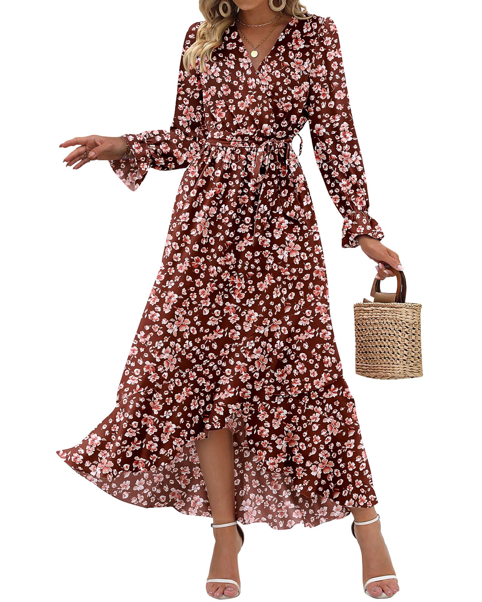 BTFBM Womens Dresses Summer V Neck Floral High Waist Ruffle Wedding Guest Cocktail Boho Spring Long Sleeve Dress