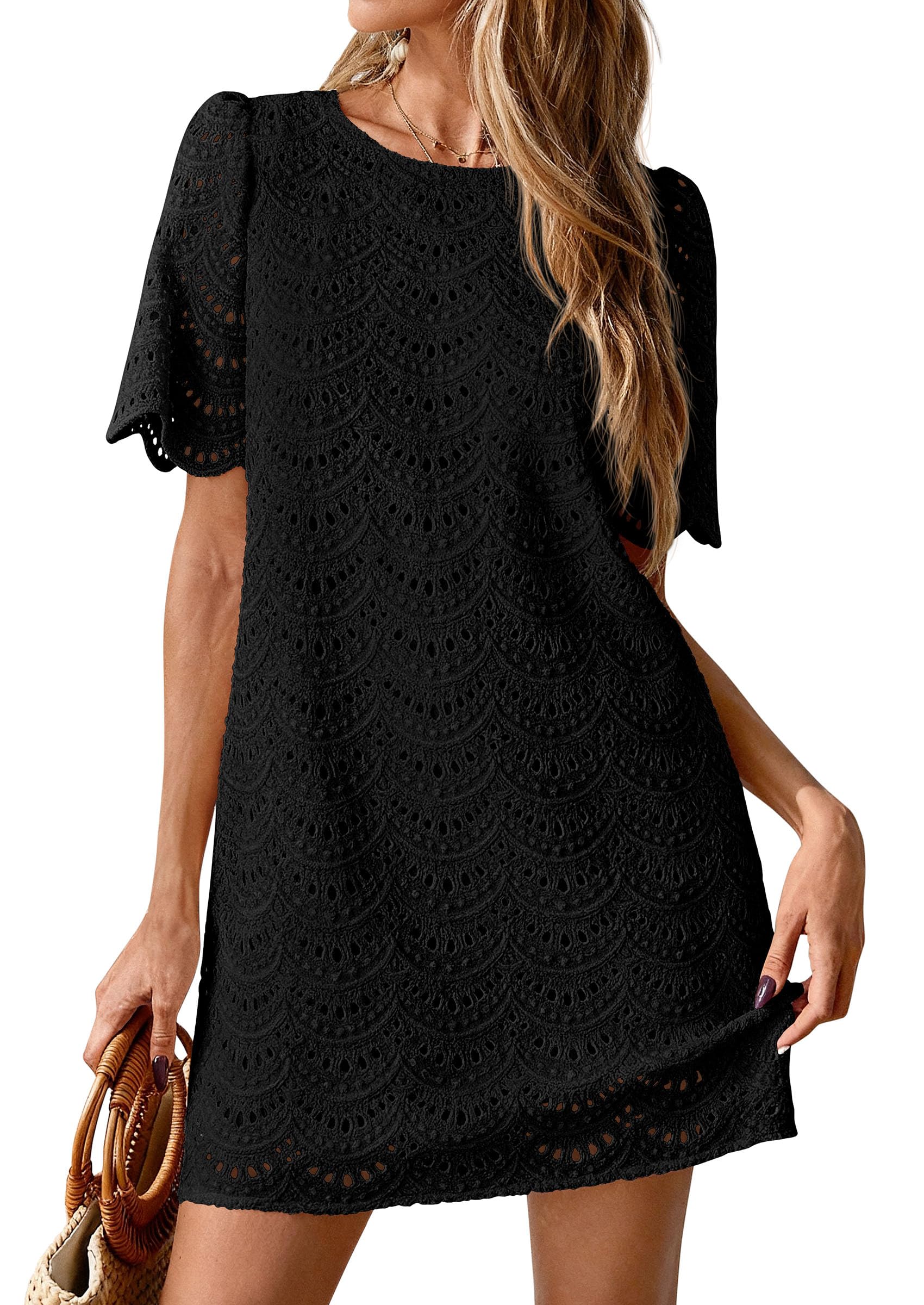 PRETTYGARDEN Women's Summer Casual Short Dresses Embroidered Lace Short Sleeve Boho Mini Dress Beach Vacation Clothes