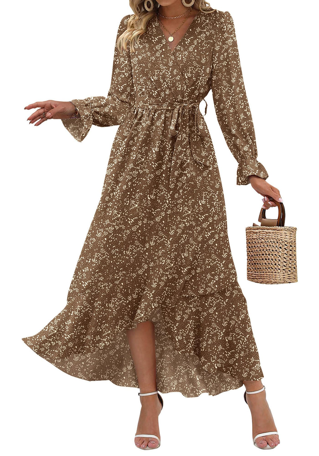 BTFBM Womens Dresses Summer V Neck Floral High Waist Ruffle Wedding Guest Cocktail Boho Spring Long Sleeve Dress