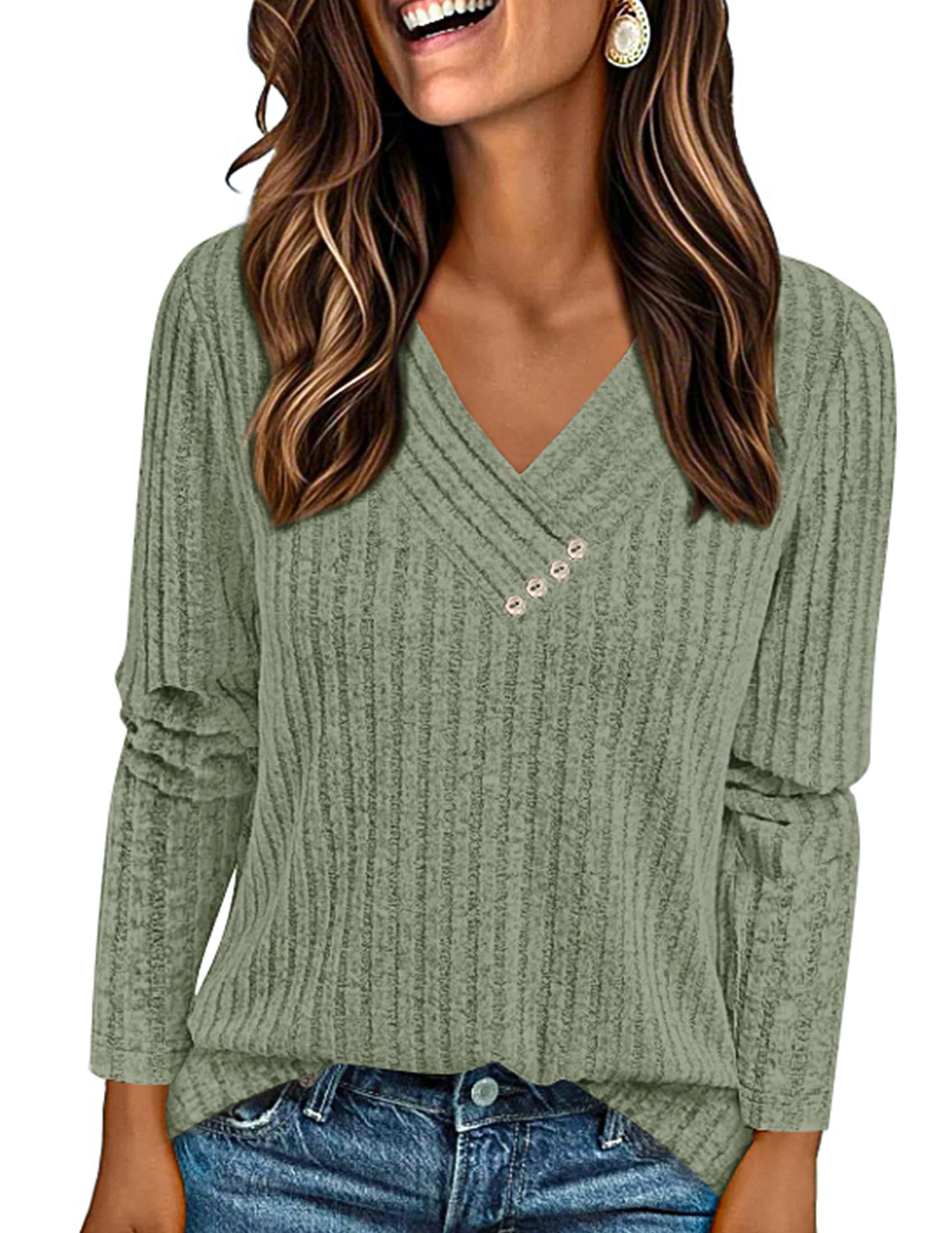 PRETTYGARDEN Women's Long Sleeve Shirts Fall Fashion Clothes Casual Ribbed V Neck Loose Tunic Tops Lightweight Sweaters