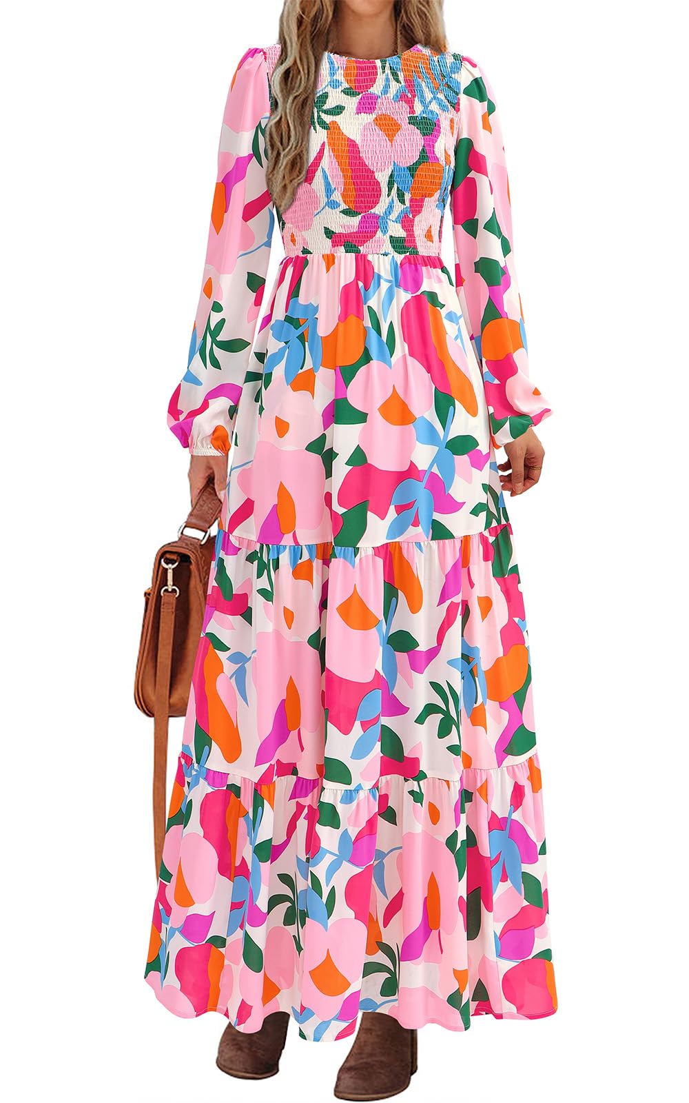 PRETTYGARDEN Women's Fall Dresses Long Sleeve Flowy Casual Floral Maxi Dress Crew Neck Smocked Tiered Long Dress