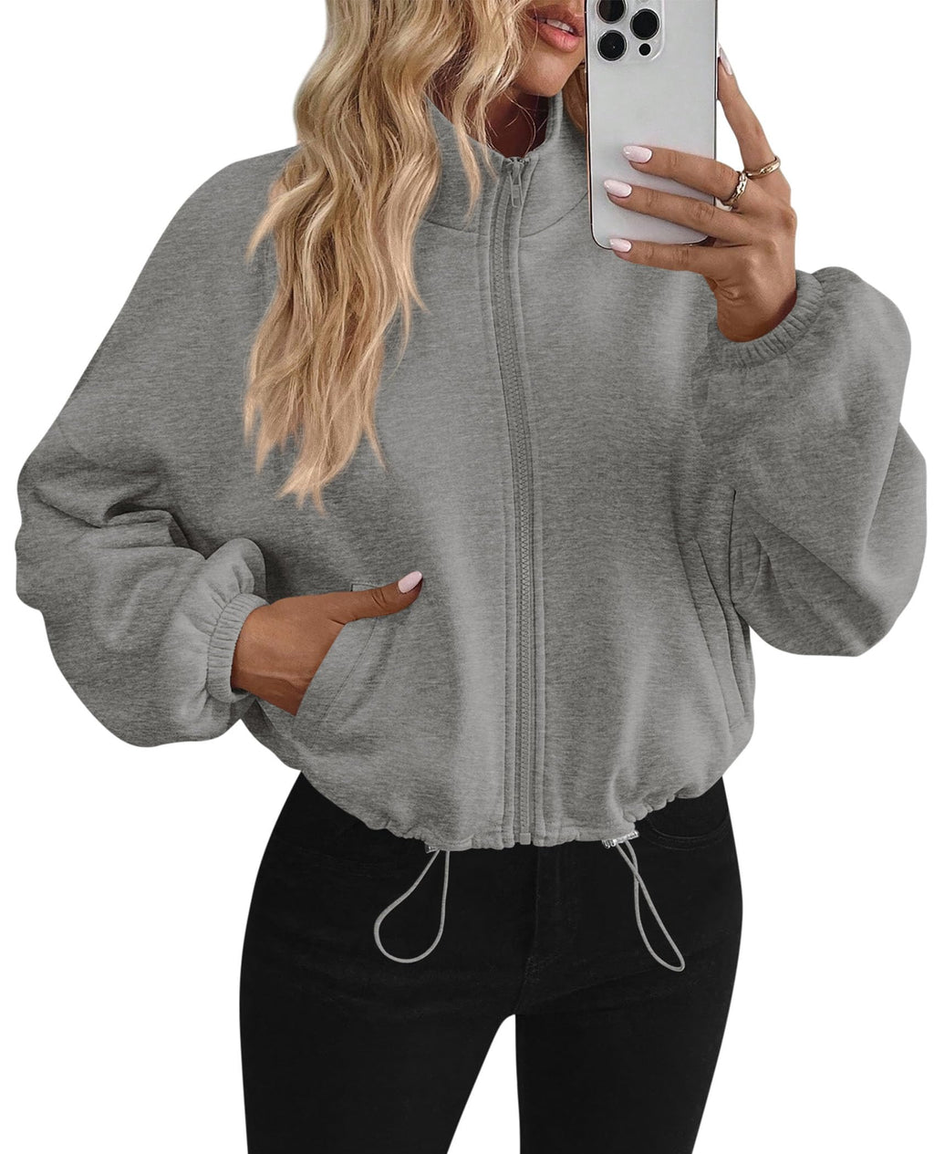 PRETTYGARDEN Womens Zip Up Fleece Cropped Sweatshirt Jacket Oversized Loose Soft Stand Collar with Drawstring Hem, Long Sleeve Casual Coat With Pockets, Fall Outfits Winter Clothing