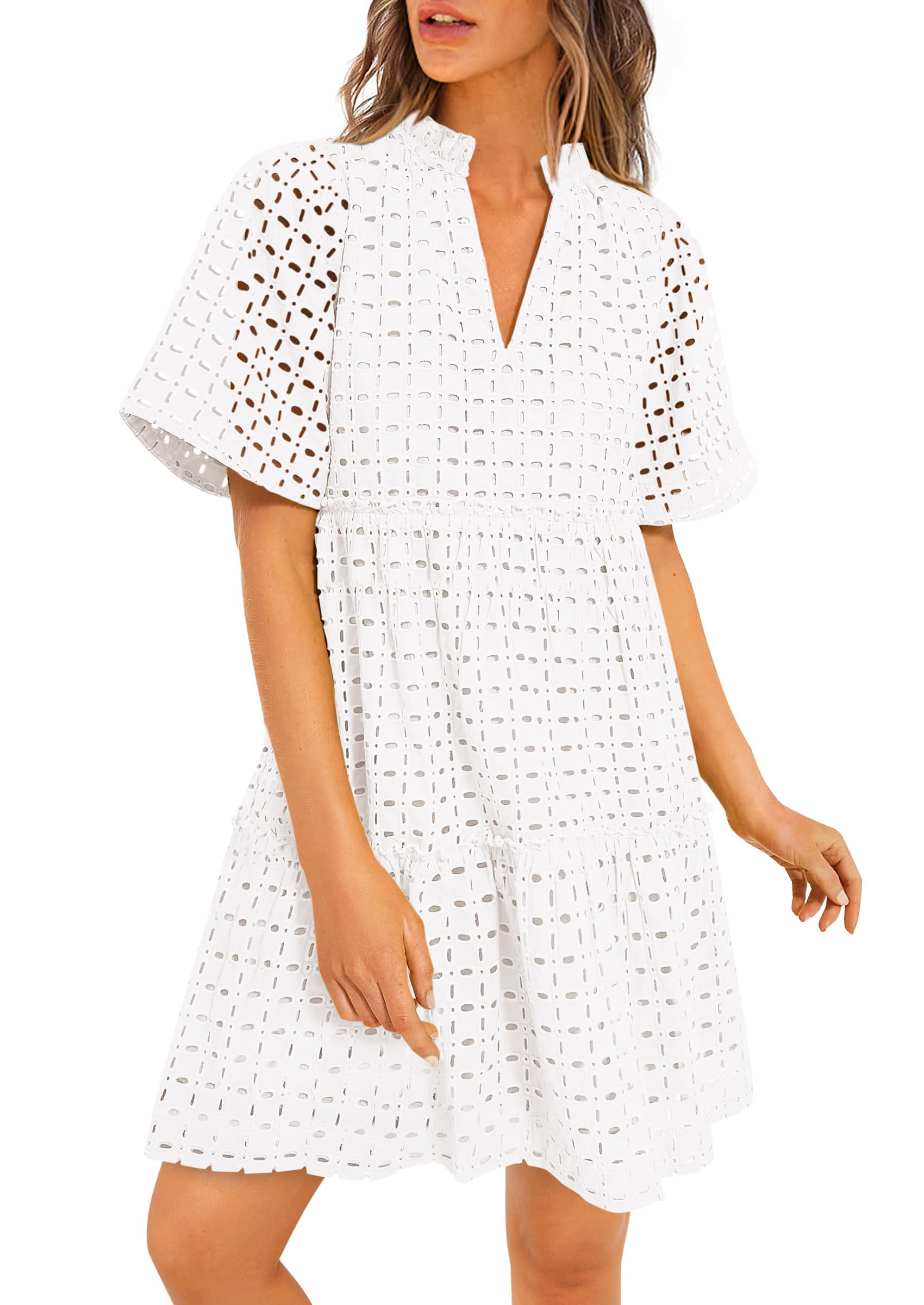 PRETTYGARDEN Eyelet Dresses for Women Summer Short Sleeve V Neck Hollow Out Ruffle A Line Boho Beach Vacation Mini Dress