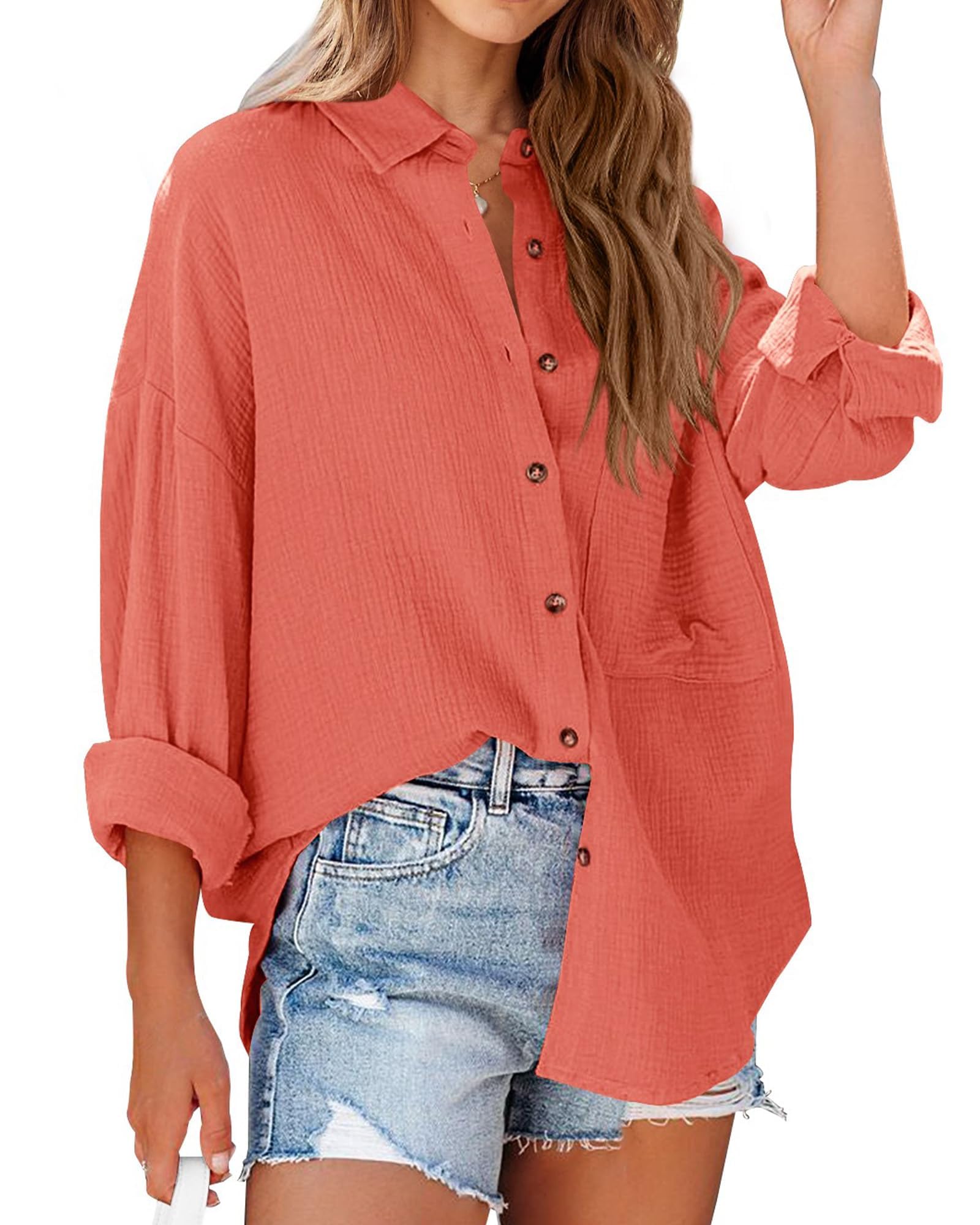 FreshPretty Casual Shirts for Women Long Sleeve Button Down Blouses Fall Solid Color Trendy Tops with Pocket