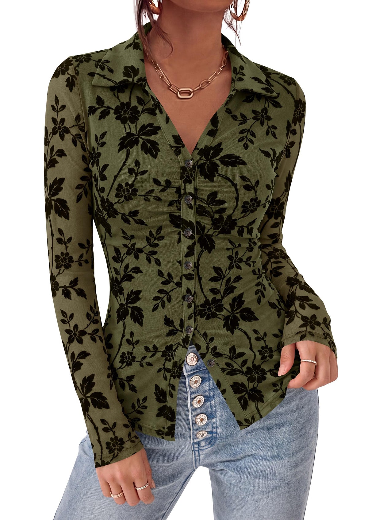 PRETTYGARDEN Women's Long Sleeve Floral Mesh Boho Tops Button Down Shirts Fall Blouses Dressy, Ruched Slim Fit, Collared V Neck, Trendy Going Out Date Night Outfit, Elegant Casual Work Office Clothes