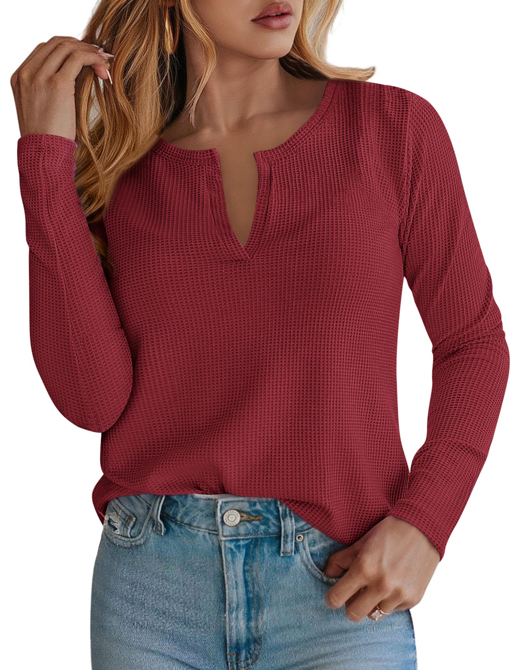 PRETTYGARDEN Long Sleeve Shirts for Women Fall V Neck Waffle Basic Tee Dressy Casual Winter Blouses Knit Tunic Tops